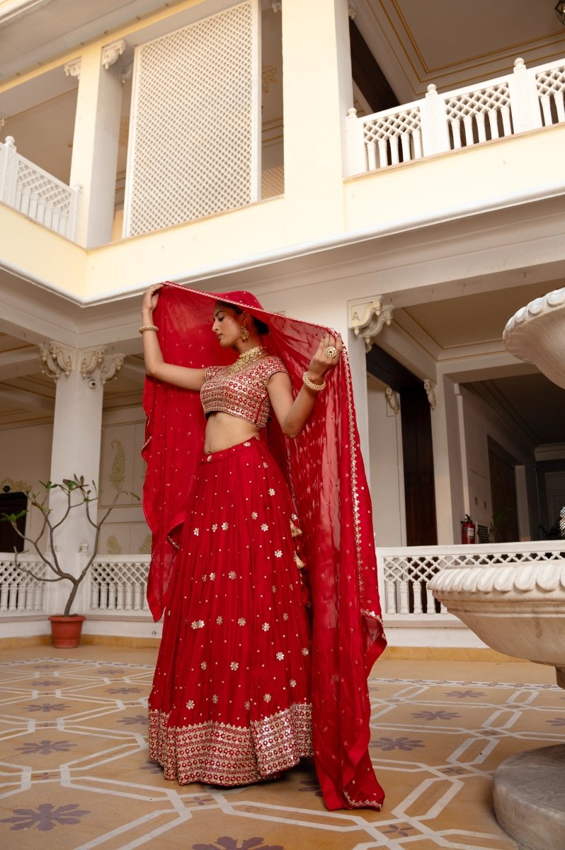 MEHFIL GUL E LAAL GOTA PATTI WORK SILK LEHENGA SET WITH DUPATTA - Pomcha Jaipur