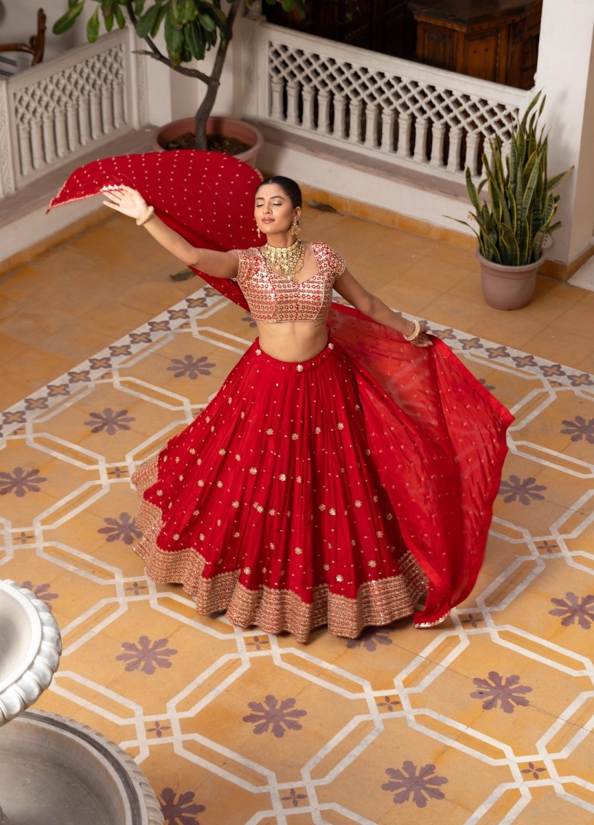 MEHFIL GUL E LAAL GOTA PATTI WORK SILK LEHENGA SET WITH DUPATTA - Pomcha Jaipur