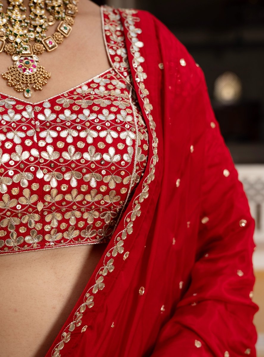 MEHFIL GUL E LAAL GOTA PATTI WORK SILK LEHENGA SET WITH DUPATTA - Pomcha Jaipur