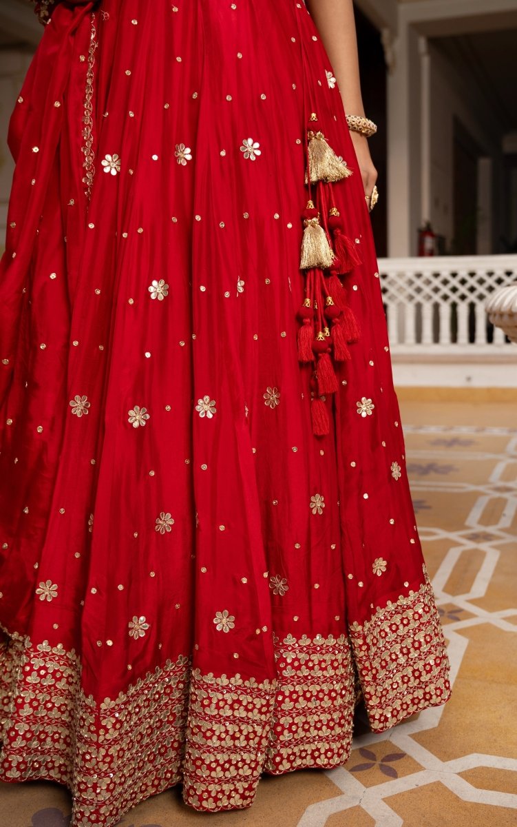 MEHFIL GUL E LAAL GOTA PATTI WORK SILK LEHENGA SET WITH DUPATTA - Pomcha Jaipur