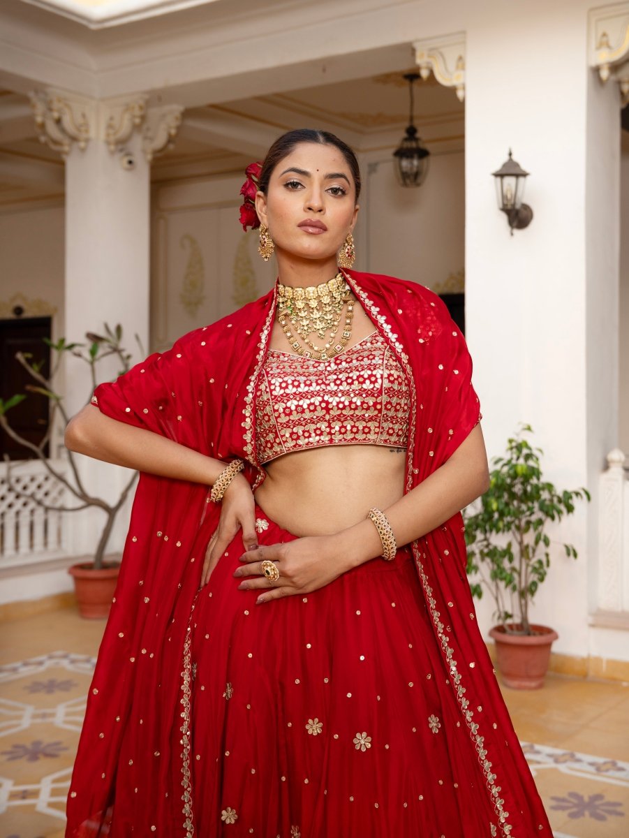 MEHFIL GUL E LAAL GOTA PATTI WORK SILK LEHENGA SET WITH DUPATTA - Pomcha Jaipur
