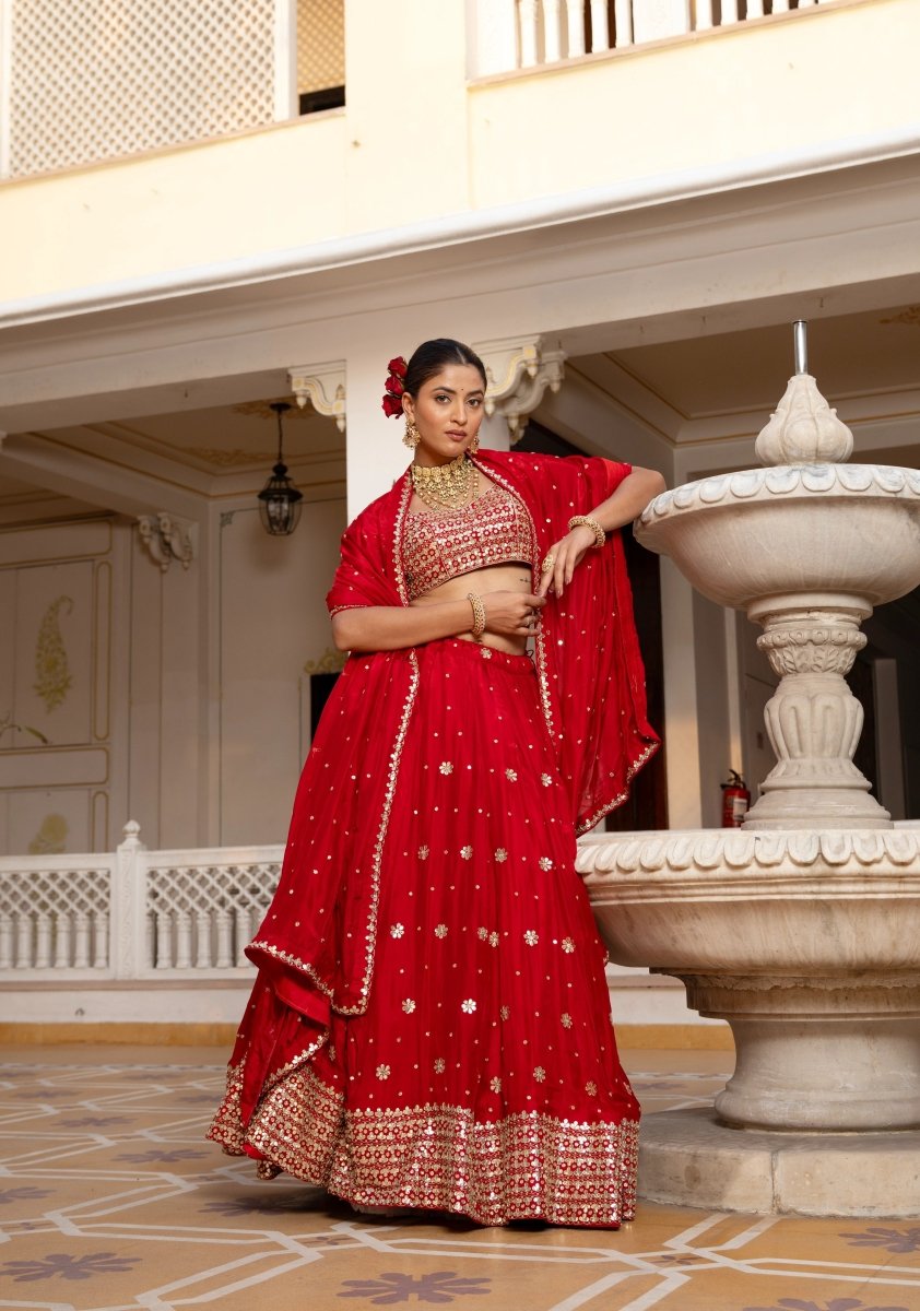MEHFIL GUL E LAAL GOTA PATTI WORK SILK LEHENGA SET WITH DUPATTA - Pomcha Jaipur