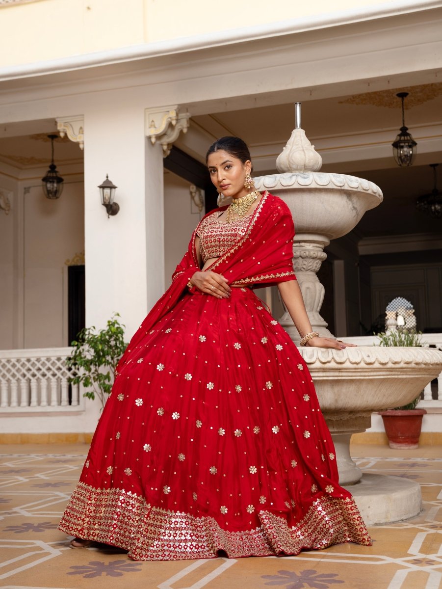 MEHFIL GUL E LAAL GOTA PATTI WORK SILK LEHENGA SET WITH DUPATTA - Pomcha Jaipur