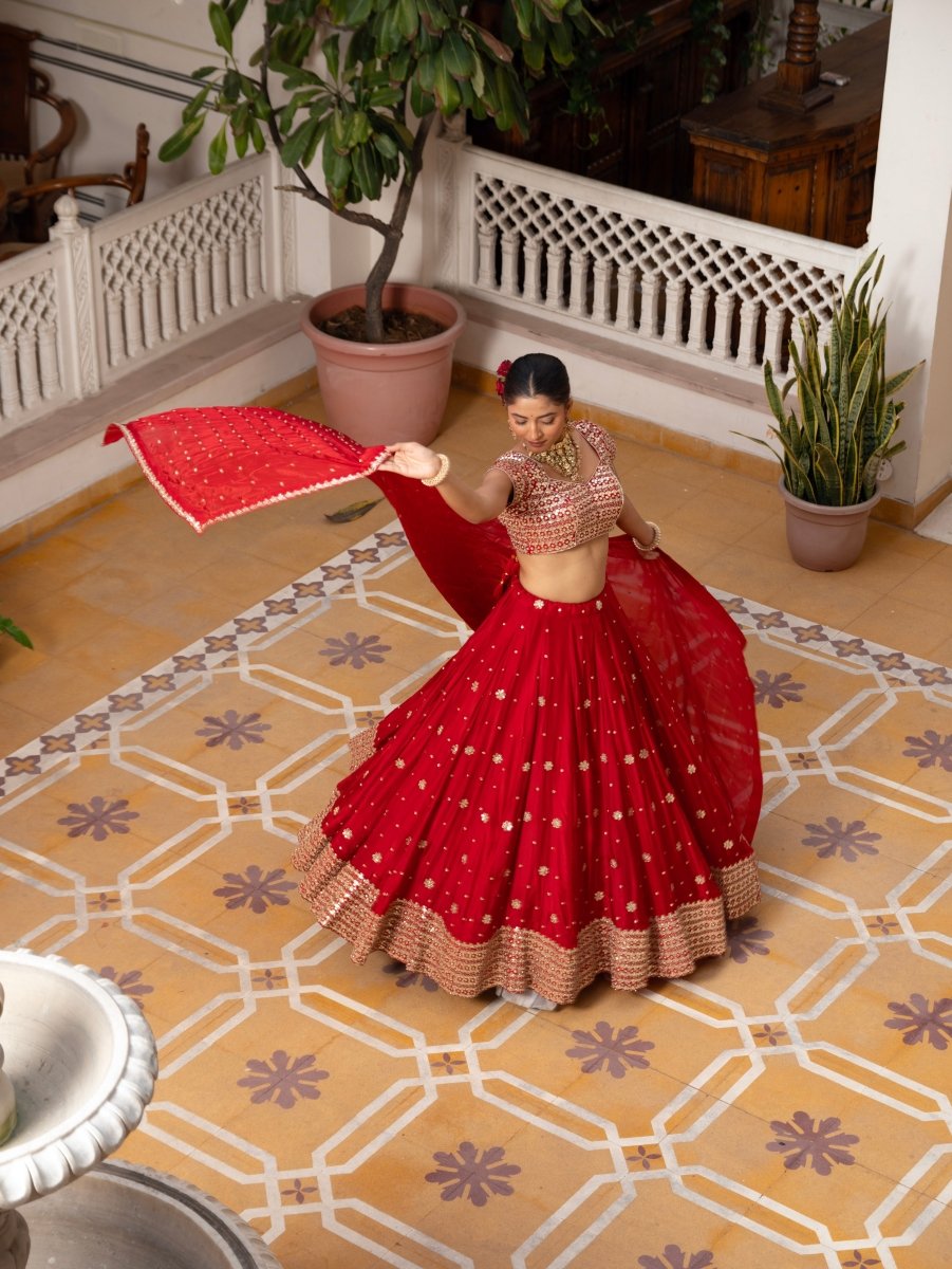 MEHFIL GUL E LAAL GOTA PATTI WORK SILK LEHENGA SET WITH DUPATTA - Pomcha Jaipur