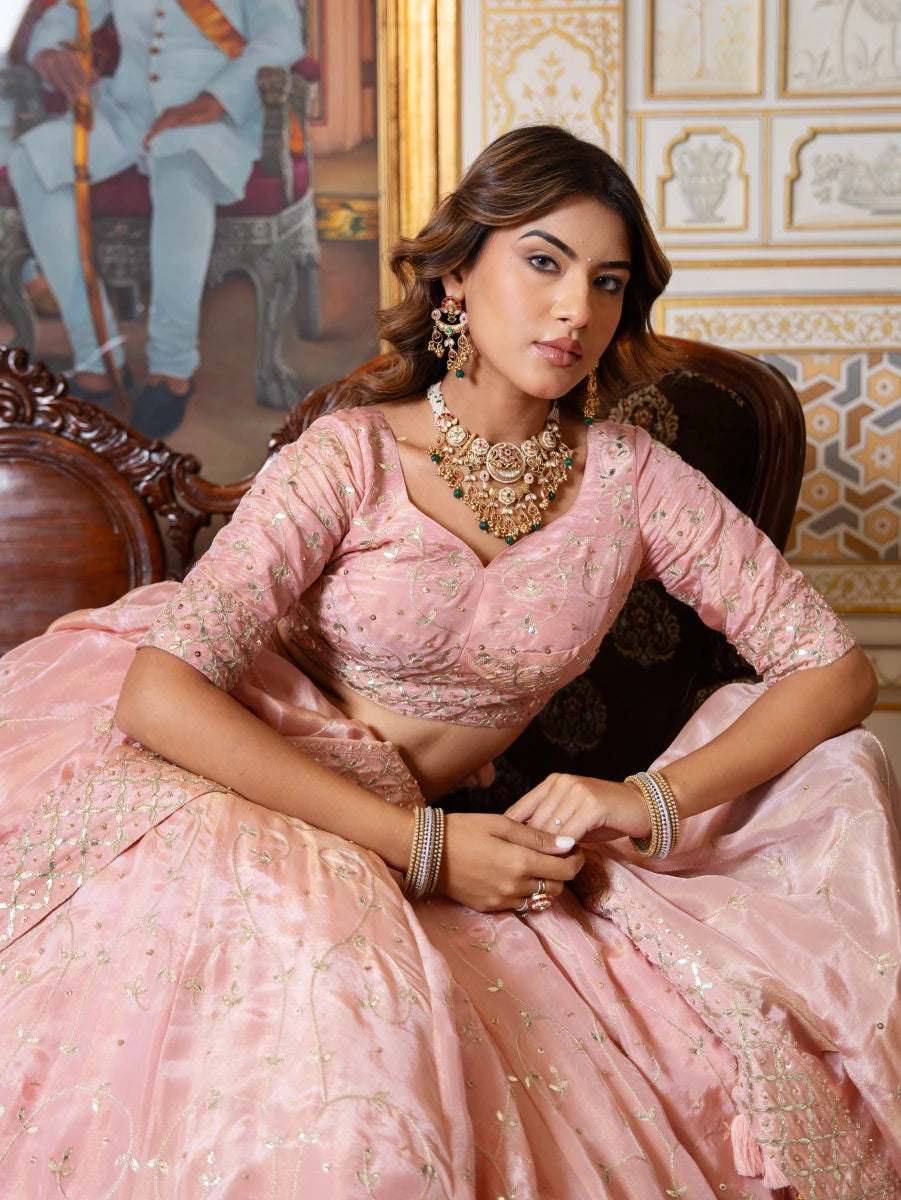 MEHFIL GULABI GOTA PATTI HAND EMBROIDERY COSMO LEHENGA SET WITH DUPATTA - Pomcha Jaipur