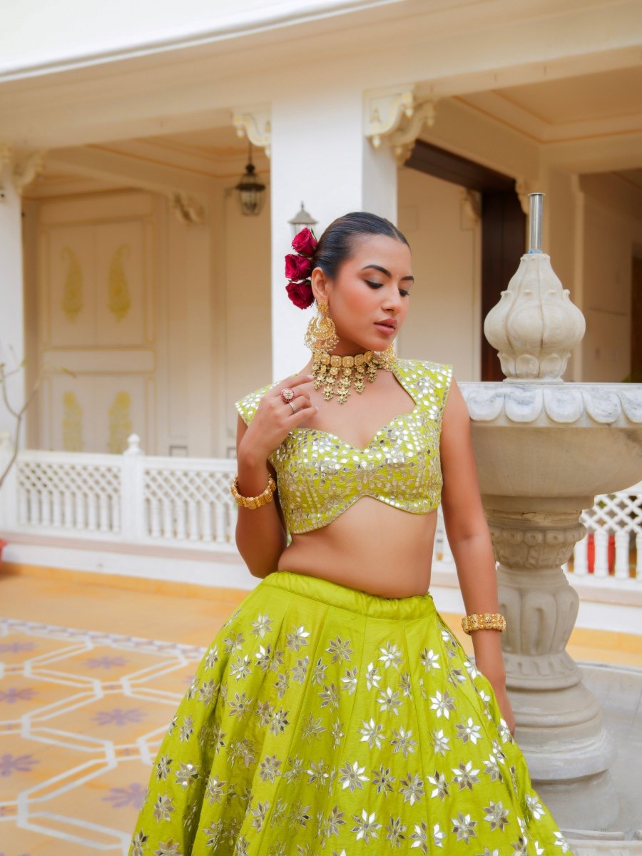 MEHFIL HARIYALI SHISHA HAND WORK LEHENGA SET WITH ORGANZA DUPATTA - Pomcha Jaipur