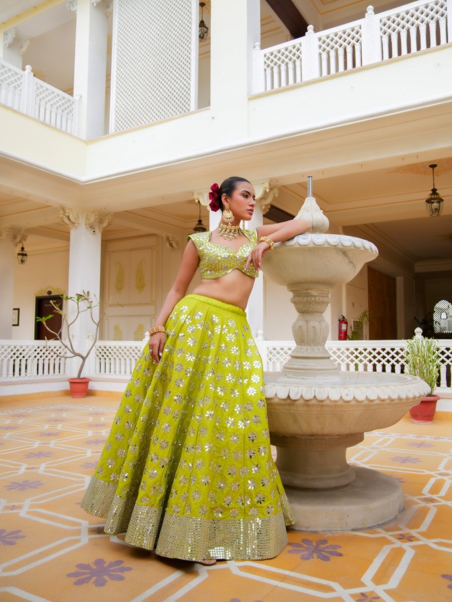 MEHFIL HARIYALI SHISHA HAND WORK LEHENGA SET WITH ORGANZA DUPATTA - Pomcha Jaipur