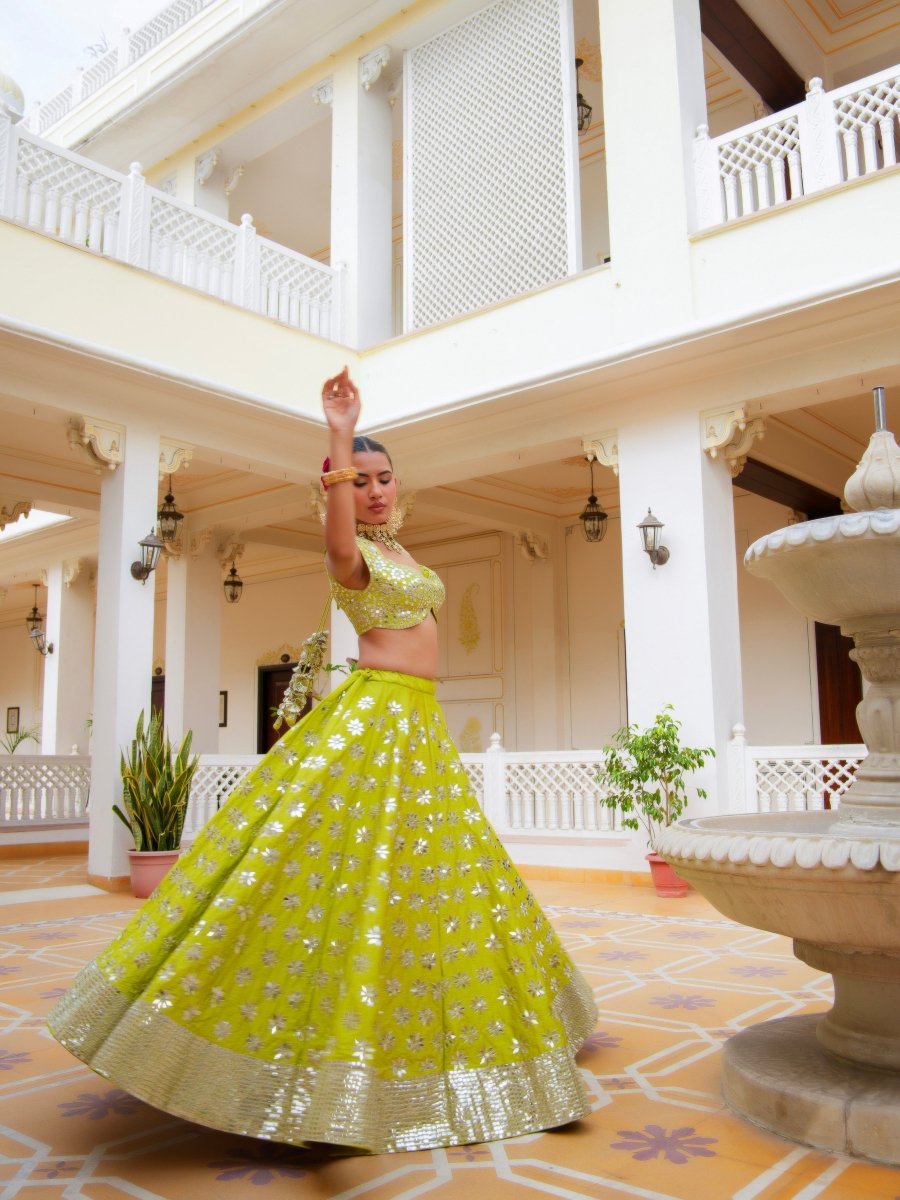 MEHFIL HARIYALI SHISHA HAND WORK LEHENGA SET WITH ORGANZA DUPATTA - Pomcha Jaipur