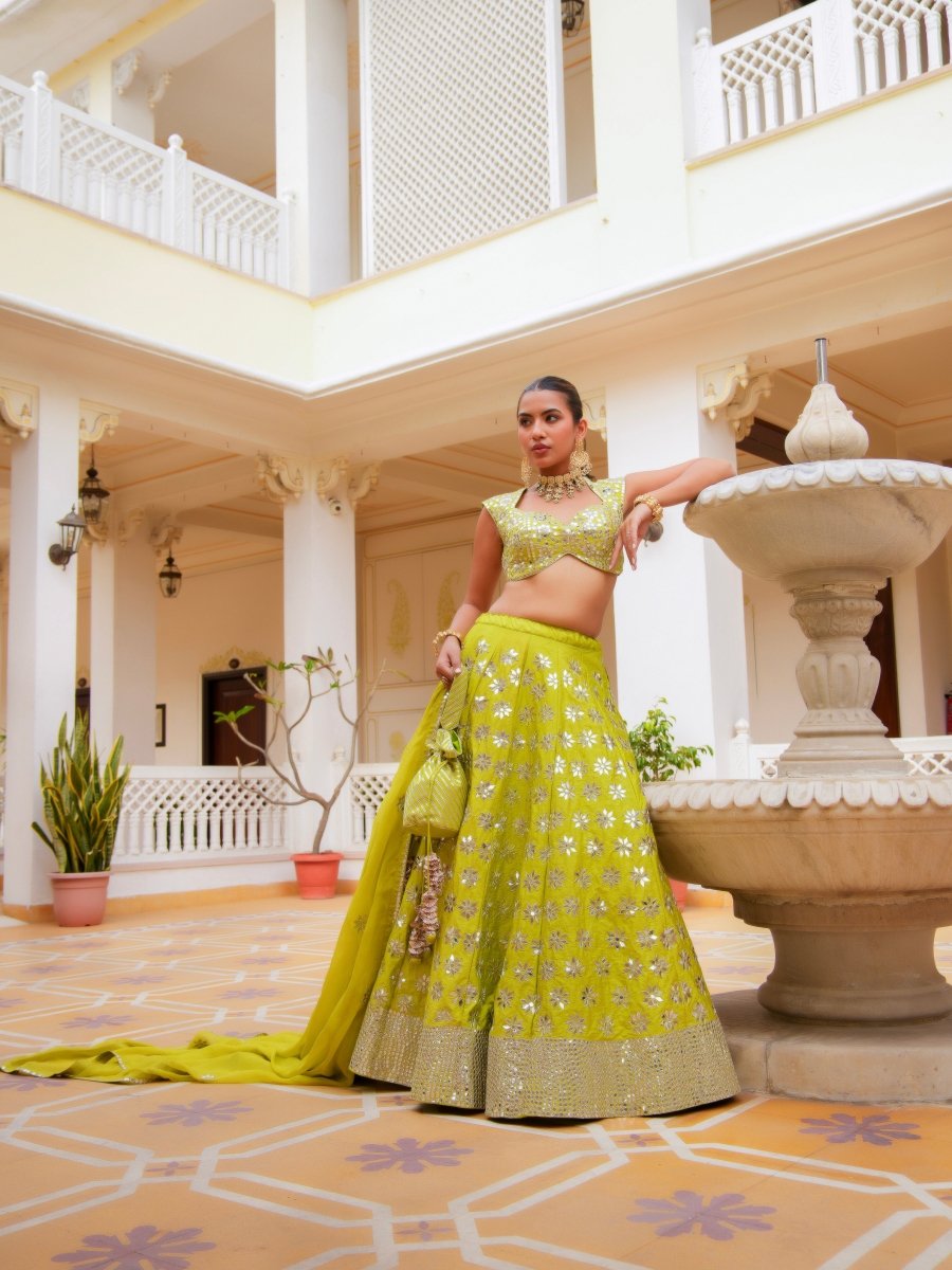 MEHFIL HARIYALI SHISHA HAND WORK LEHENGA SET WITH ORGANZA DUPATTA - Pomcha Jaipur