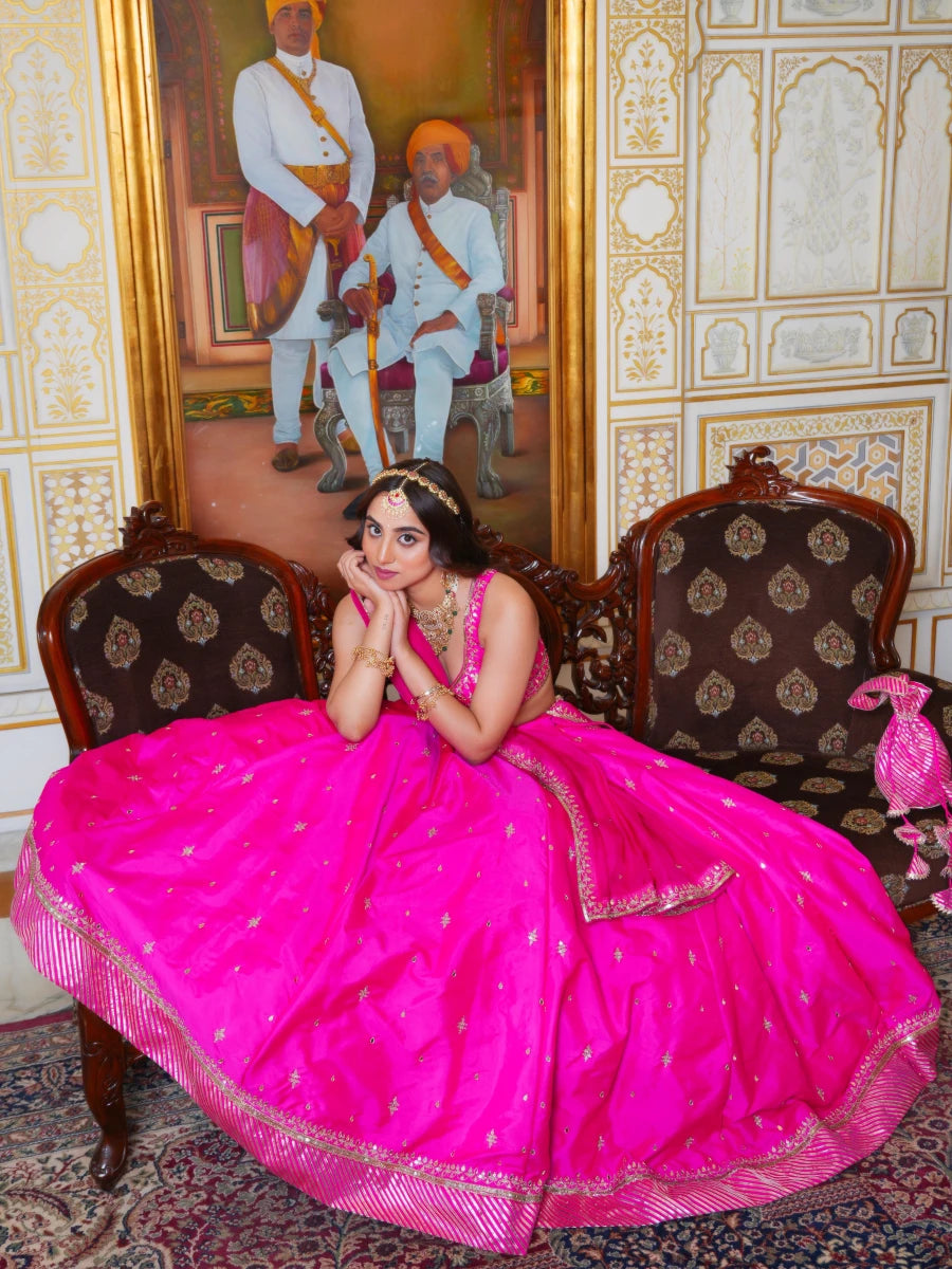 MEHFIL HOT PINK TAFFETA ZARI HAND EMBROIDERY LEHENGA SET WITH ORGANZA DUPATTA - Pomcha Jaipur
