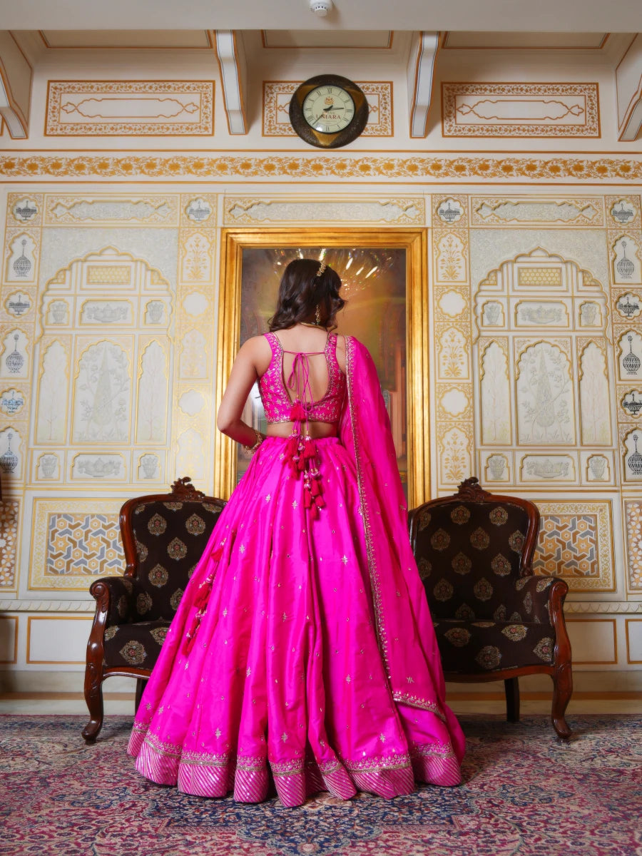 MEHFIL HOT PINK TAFFETA ZARI HAND EMBROIDERY LEHENGA SET WITH ORGANZA DUPATTA - Pomcha Jaipur