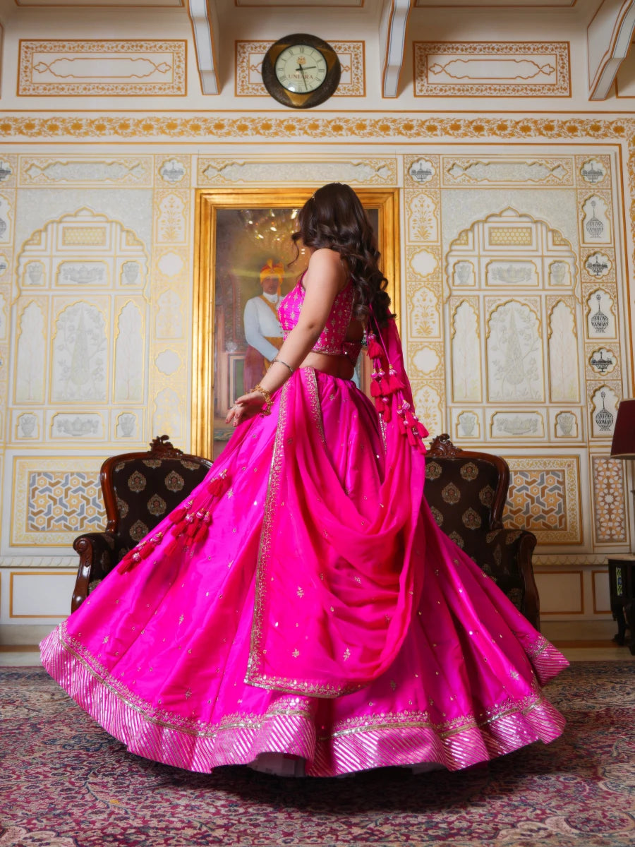 MEHFIL HOT PINK TAFFETA ZARI HAND EMBROIDERY LEHENGA SET WITH ORGANZA DUPATTA - Pomcha Jaipur