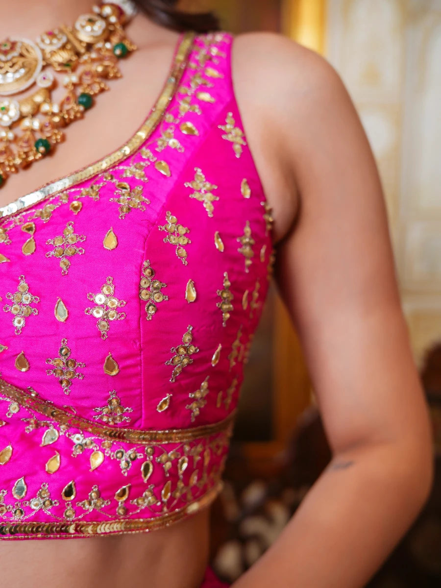 MEHFIL HOT PINK TAFFETA ZARI HAND EMBROIDERY LEHENGA SET WITH ORGANZA DUPATTA - Pomcha Jaipur