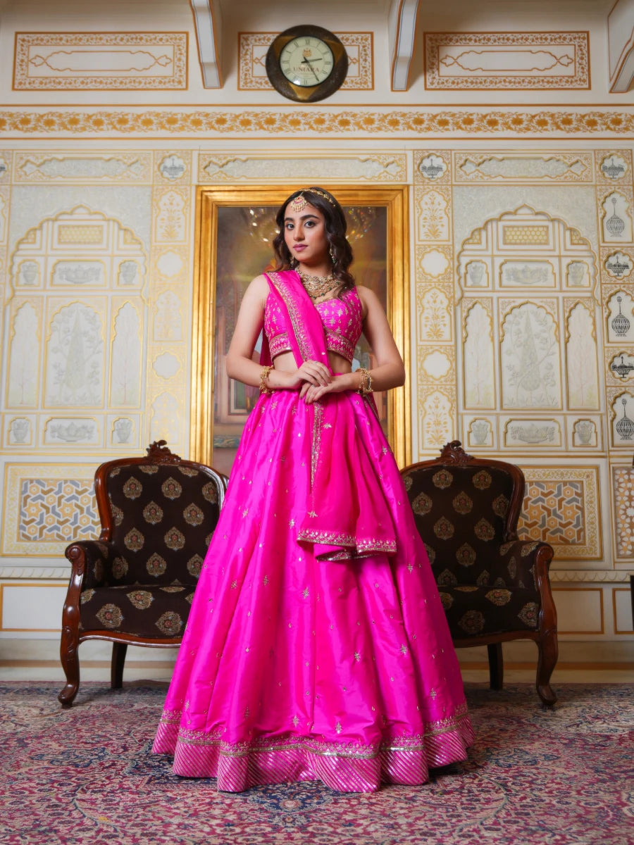 MEHFIL HOT PINK TAFFETA ZARI HAND EMBROIDERY LEHENGA SET WITH ORGANZA DUPATTA - Pomcha Jaipur
