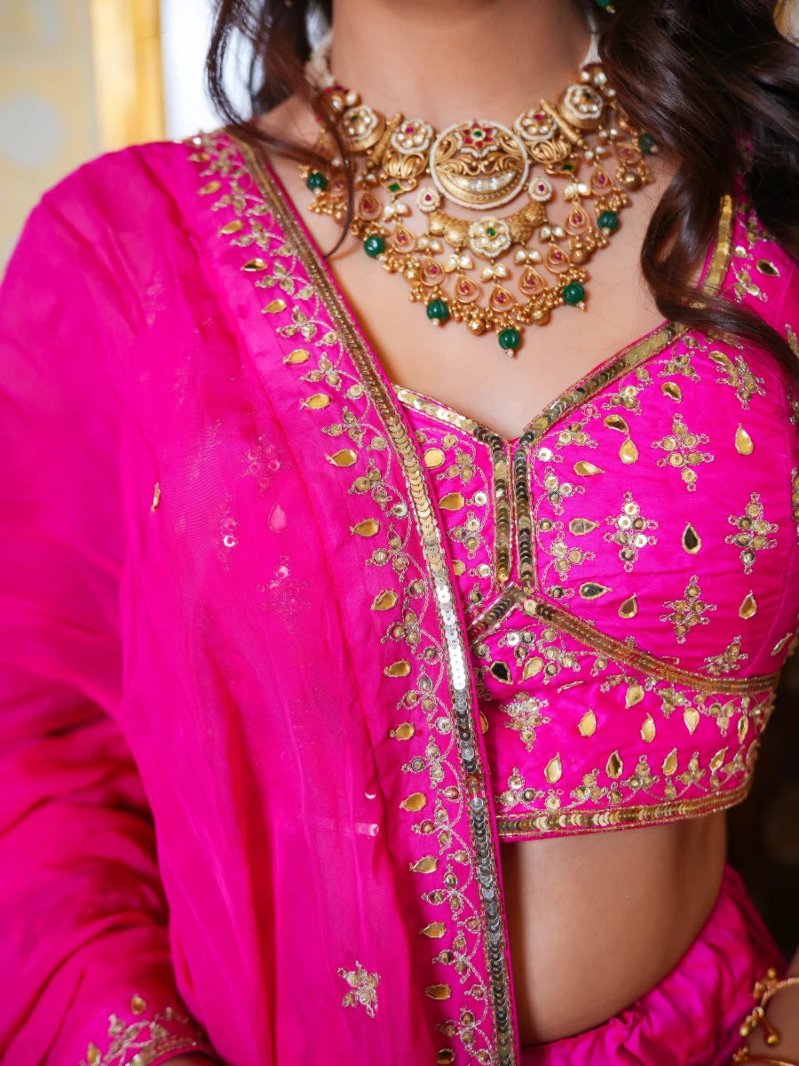 MEHFIL HOT PINK TAFFETA ZARI HAND EMBROIDERY LEHENGA SET WITH ORGANZA DUPATTA - Pomcha Jaipur