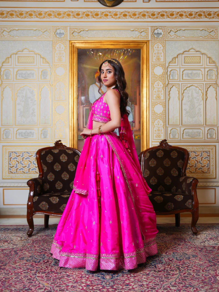 MEHFIL HOT PINK TAFFETA ZARI HAND EMBROIDERY LEHENGA SET WITH ORGANZA DUPATTA - Pomcha Jaipur