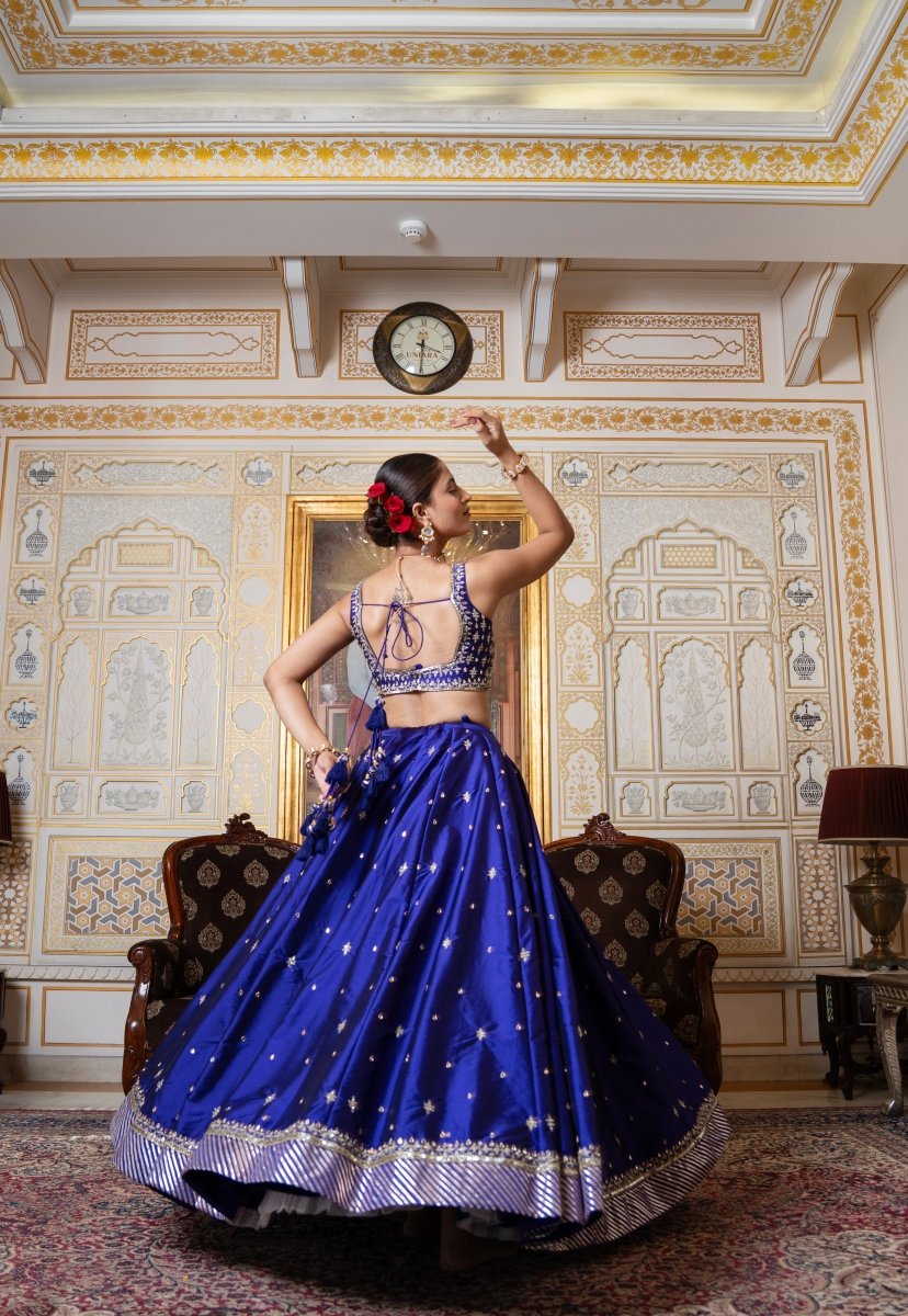 MEHFIL JAMUNI ZARI HAND WORK TAFFETA LEHENGA SET WITH ORGANZA DUPATTA - Pomcha Jaipur
