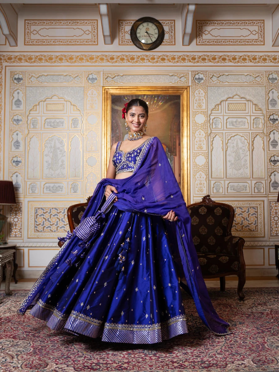 MEHFIL JAMUNI ZARI HAND WORK TAFFETA LEHENGA SET WITH ORGANZA DUPATTA - Pomcha Jaipur