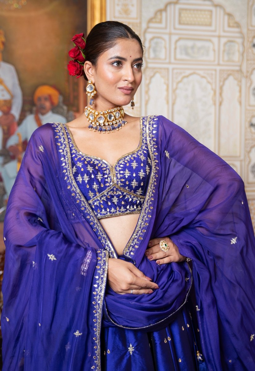 MEHFIL JAMUNI ZARI HAND WORK TAFFETA LEHENGA SET WITH ORGANZA DUPATTA - Pomcha Jaipur