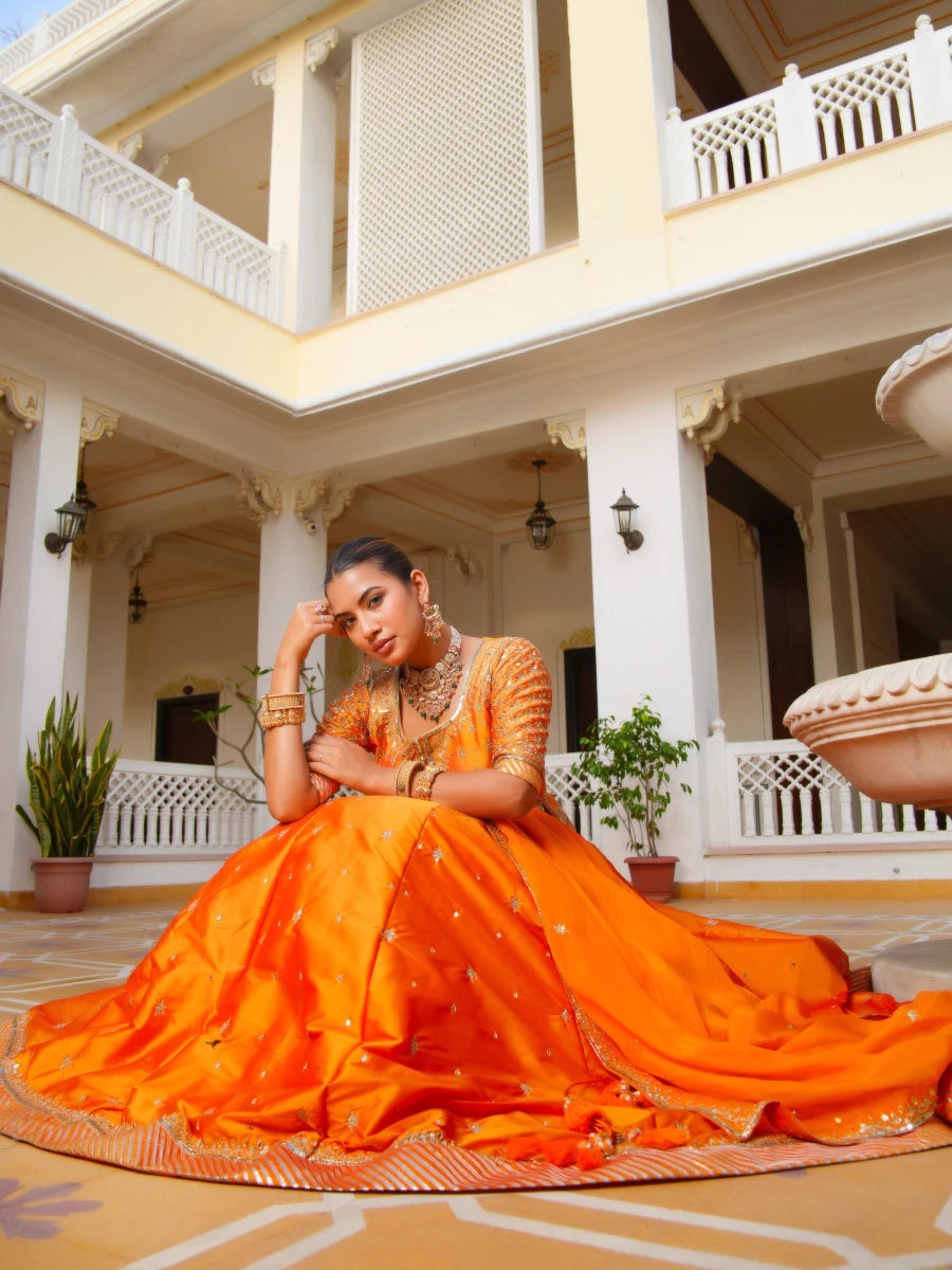 MEHFIL KESARI SITARA AARI TAARI HAND WORK TAFFETA LEHENGA SET WITH ORGANZA DUPATTA - Pomcha Jaipur
