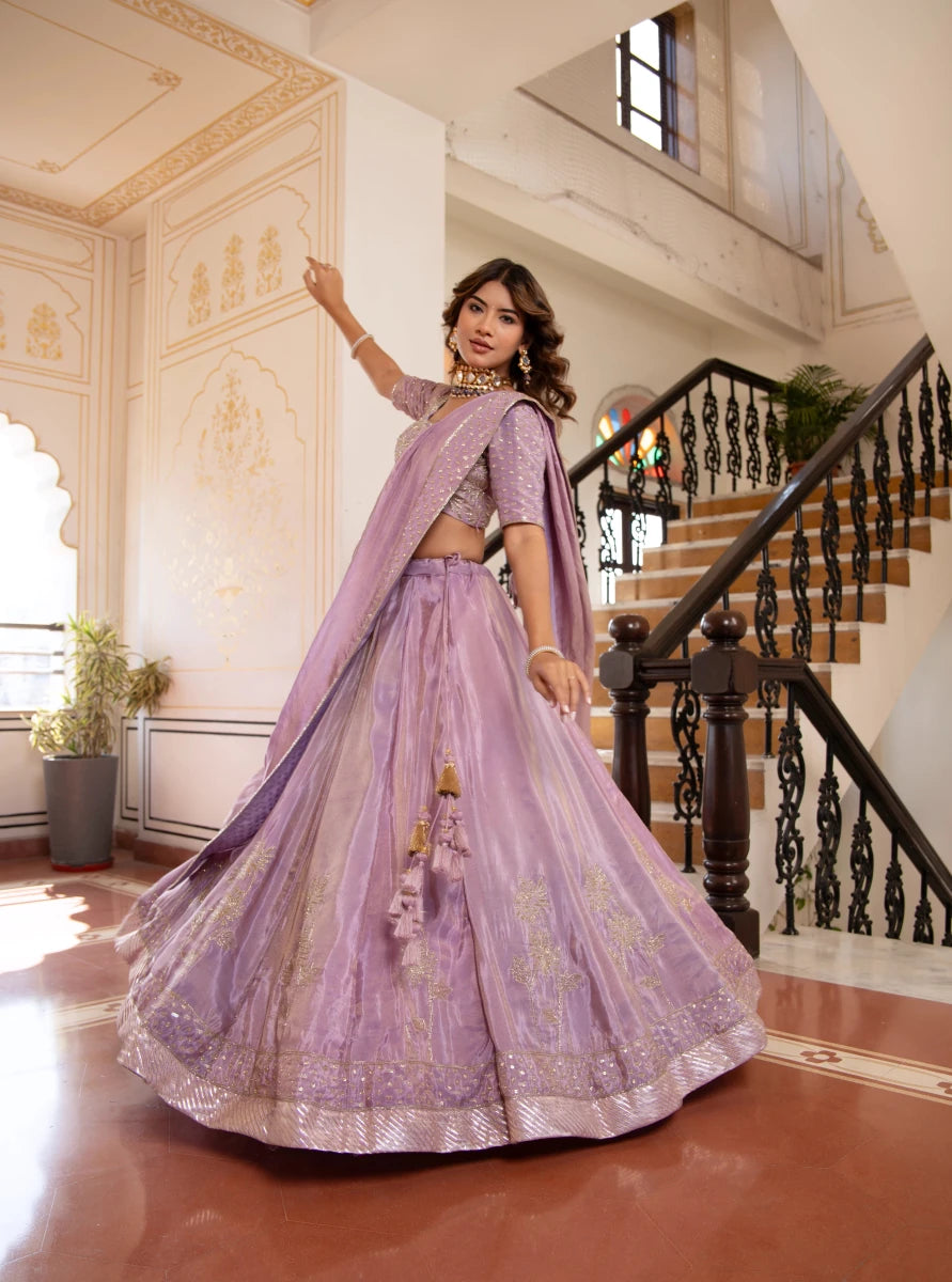 MEHFIL KOMAL LAVENDER COSMOS TUBE LIGHT HANDWORK LEHENGA SET WITH DUPATTA - Pomcha Jaipur