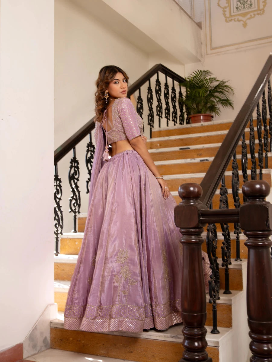 MEHFIL KOMAL LAVENDER COSMOS TUBE LIGHT HANDWORK LEHENGA SET WITH DUPATTA - Pomcha Jaipur