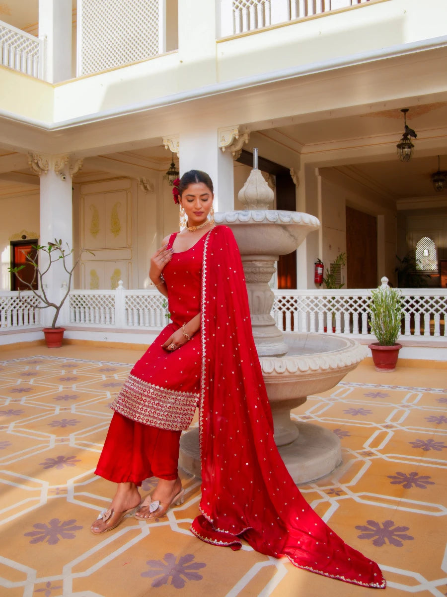 MEHFIL LAL RANG GOTTA PATTI HAND WORK SILK KURTA SET WITH SILK DUPATTA - Pomcha Jaipur