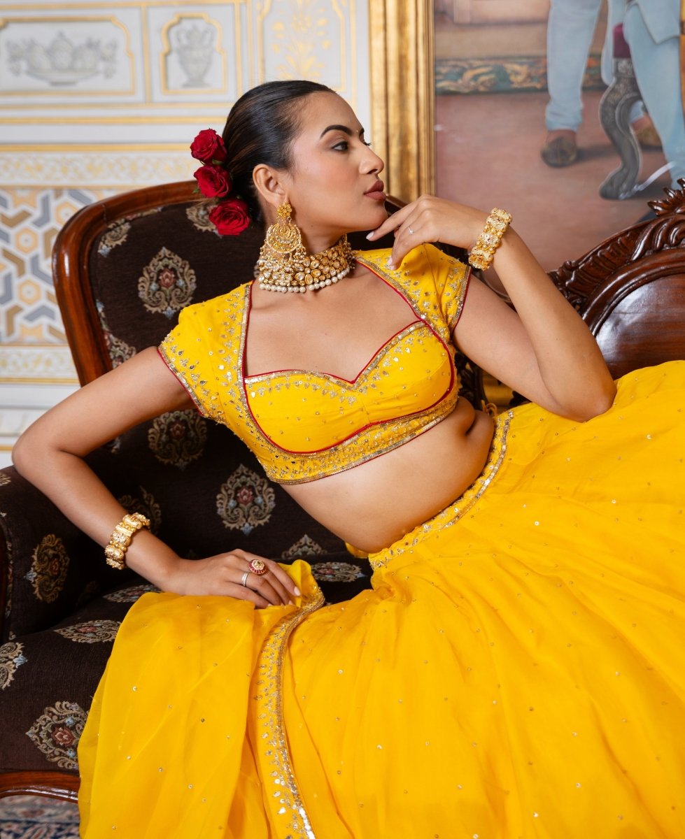 MEHFIL MARIGOLD SEQUIN ZARI HAND WORK ORGANZA LEHENGA SET WITH ORGANZA DUPATTA - Pomcha Jaipur