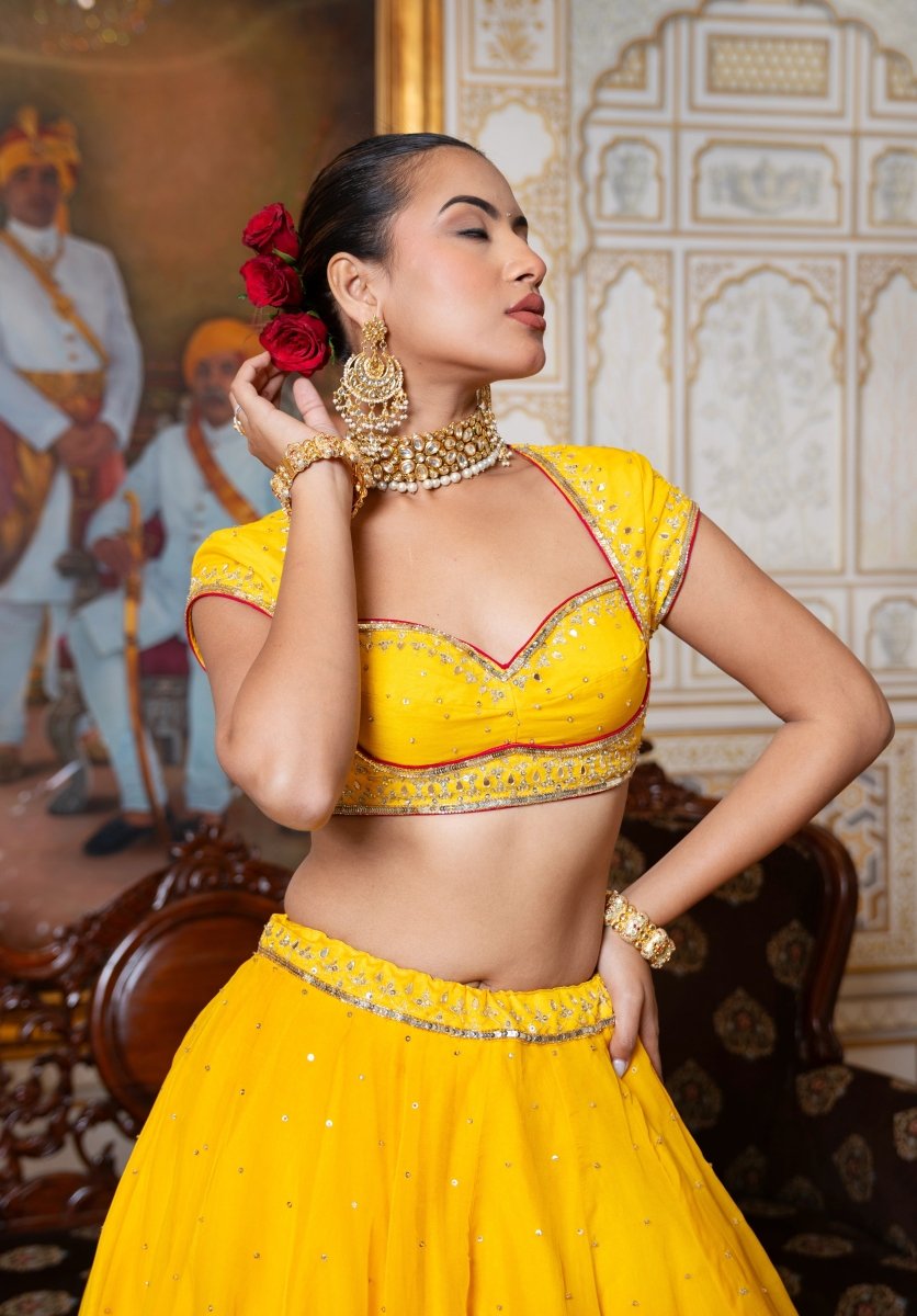MEHFIL MARIGOLD SEQUIN ZARI HAND WORK ORGANZA LEHENGA SET WITH ORGANZA DUPATTA - Pomcha Jaipur
