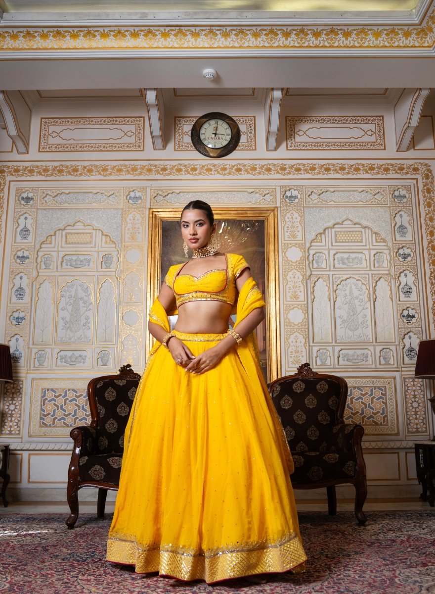 MEHFIL MARIGOLD SEQUIN ZARI HAND WORK ORGANZA LEHENGA SET WITH ORGANZA DUPATTA - Pomcha Jaipur