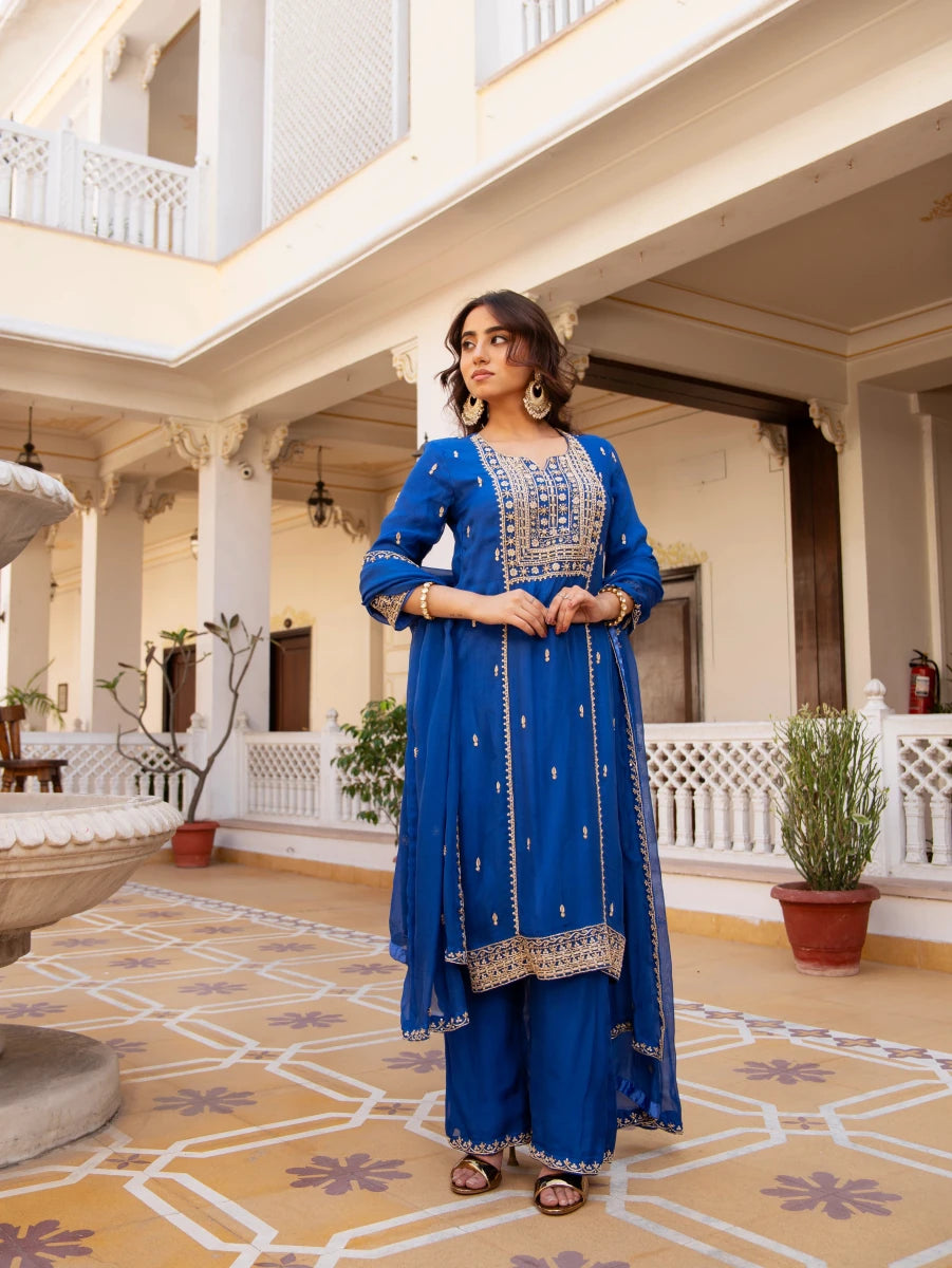 MEHFIL MAYUR BLUE ZARDOZI HAND EMBROIDERY ORGANZA KURTA SET WITH DUPATTA - Pomcha Jaipur