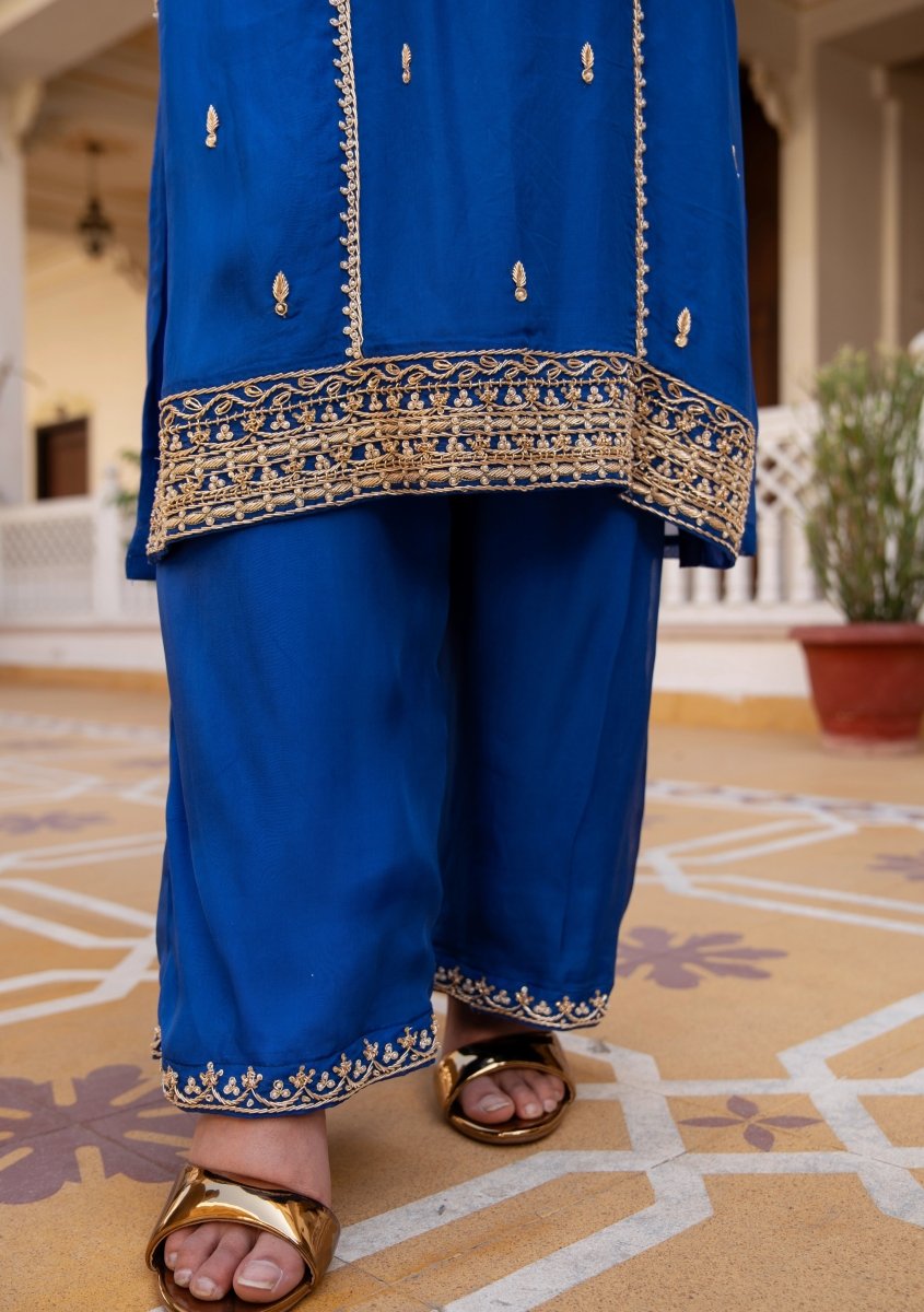 MEHFIL MAYUR BLUE ZARDOZI HAND EMBROIDERY ORGANZA KURTA SET WITH DUPATTA - Pomcha Jaipur