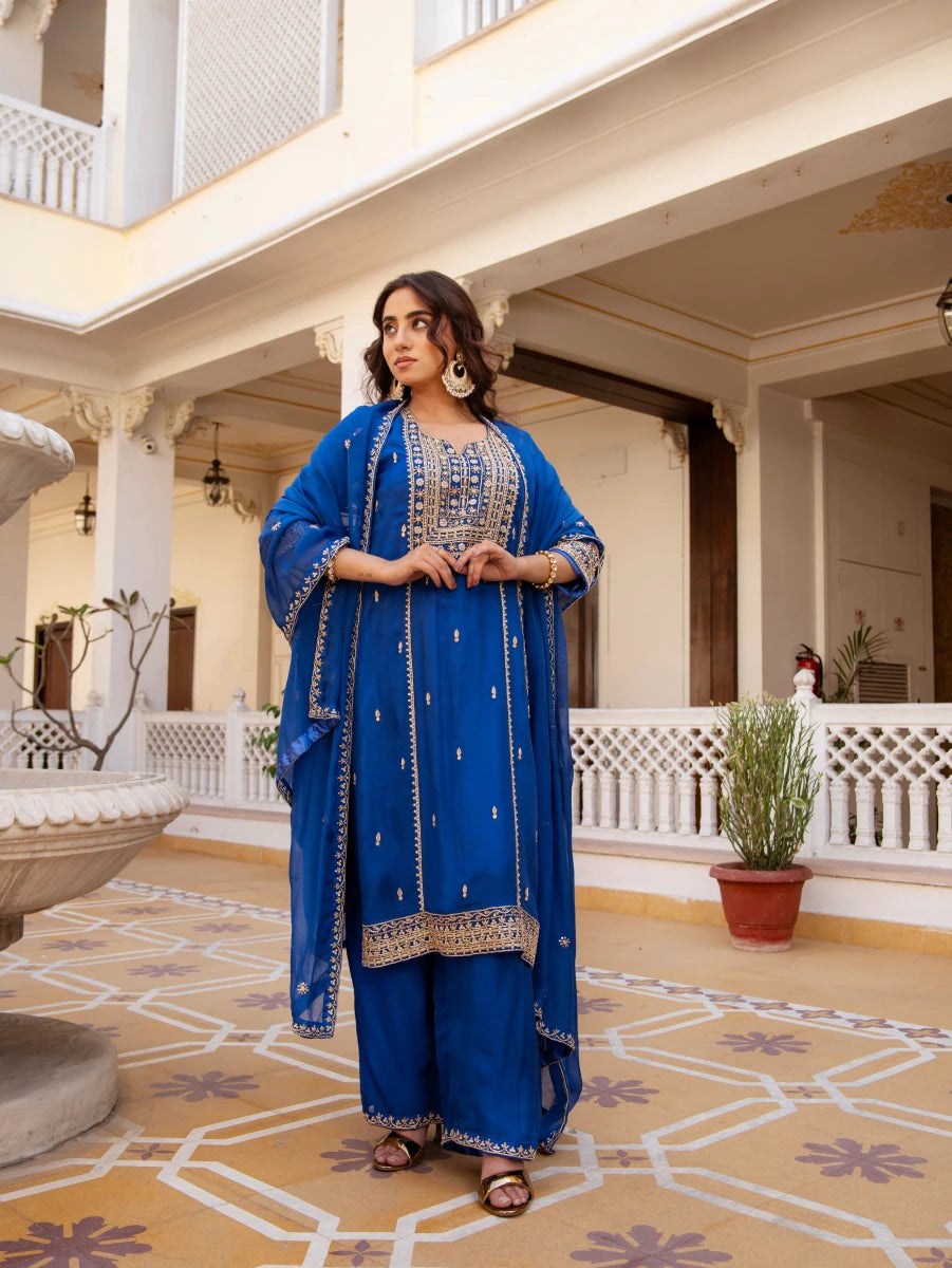 MEHFIL MAYUR BLUE ZARDOZI HAND EMBROIDERY ORGANZA KURTA SET WITH DUPATTA - Pomcha Jaipur
