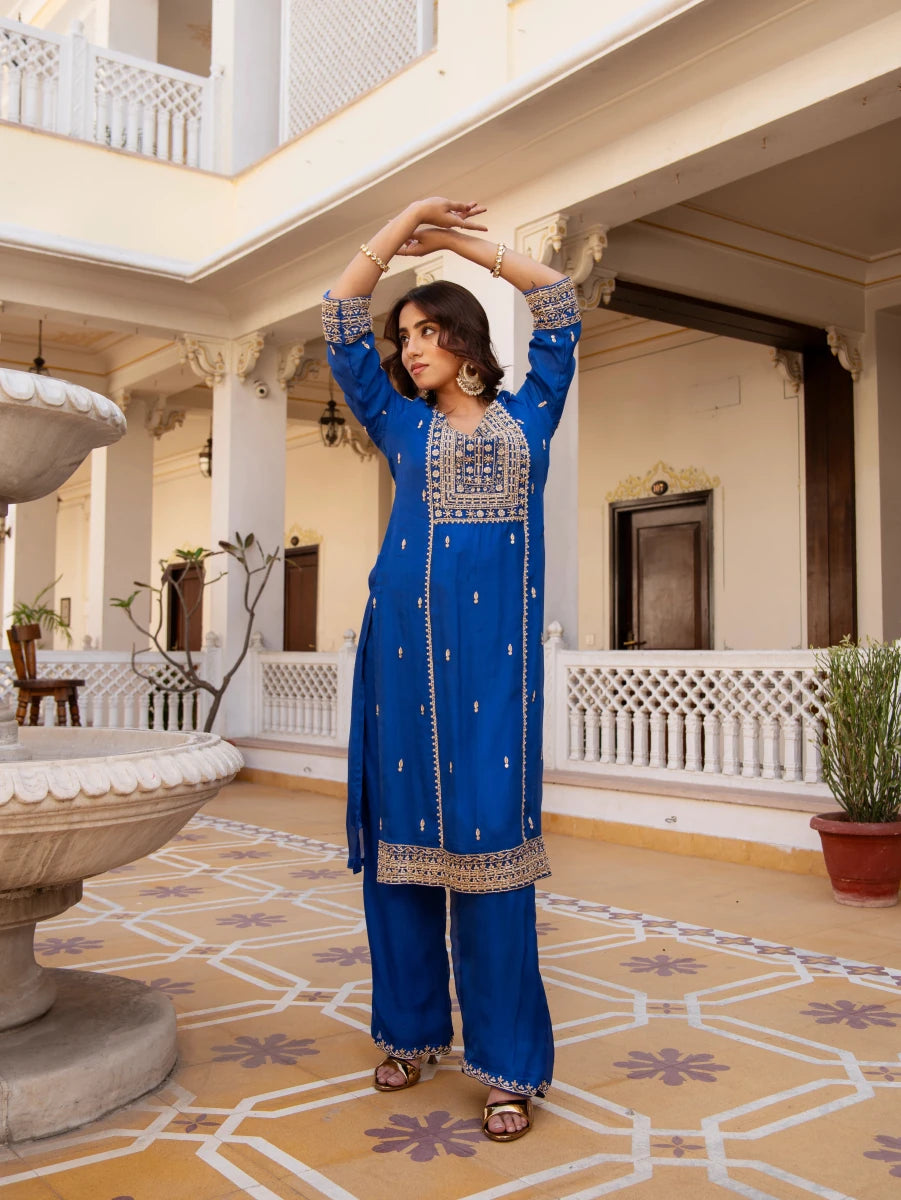 MEHFIL MAYUR BLUE ZARDOZI HAND EMBROIDERY ORGANZA KURTA SET WITH DUPATTA - Pomcha Jaipur