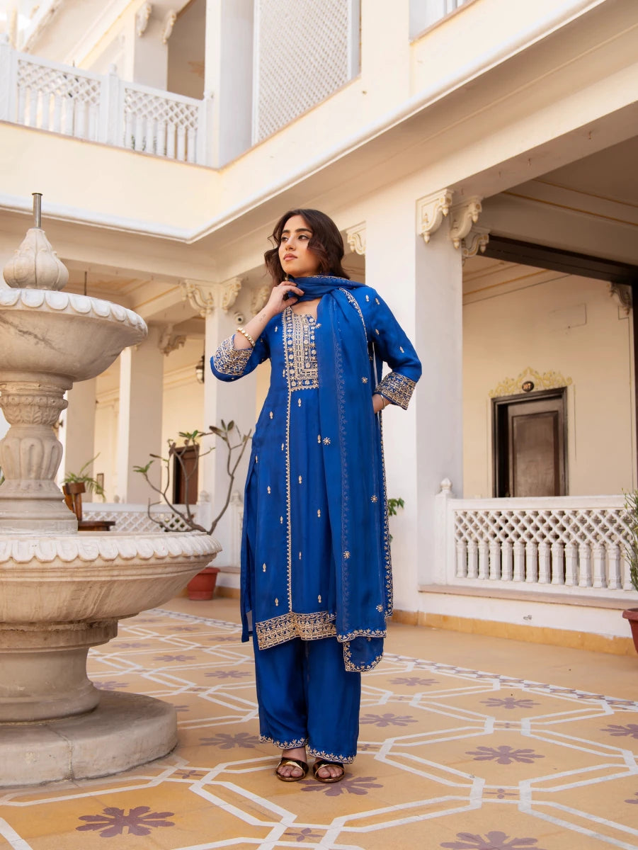 MEHFIL MAYUR BLUE ZARDOZI HAND EMBROIDERY ORGANZA KURTA SET WITH DUPATTA - Pomcha Jaipur