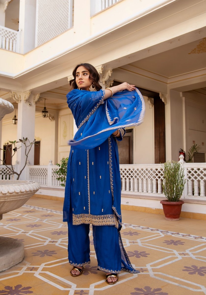 MEHFIL MAYUR BLUE ZARDOZI HAND EMBROIDERY ORGANZA KURTA SET WITH DUPATTA - Pomcha Jaipur