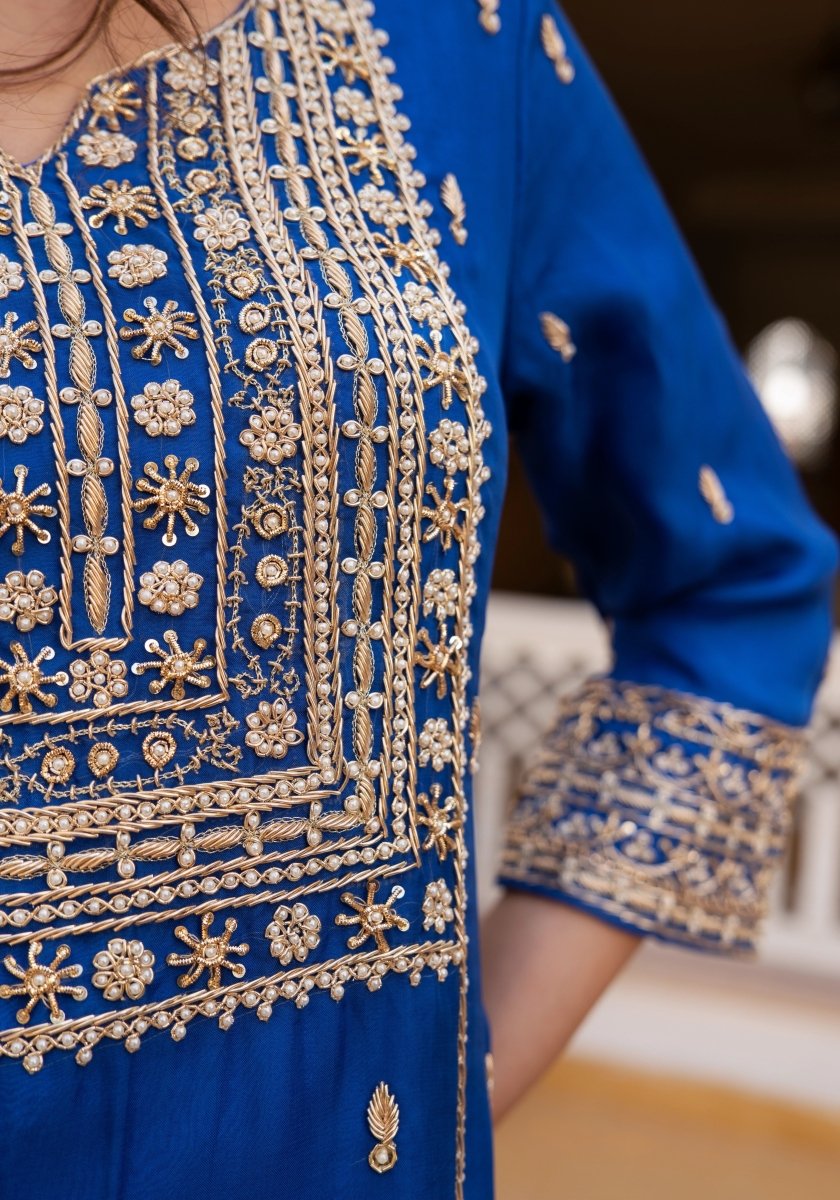 MEHFIL MAYUR BLUE ZARDOZI HAND EMBROIDERY ORGANZA KURTA SET WITH DUPATTA - Pomcha Jaipur