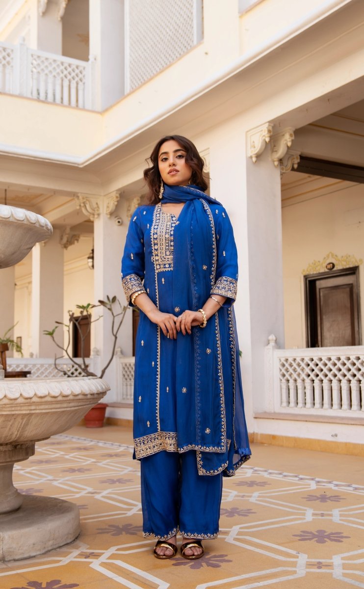MEHFIL MAYUR BLUE ZARDOZI HAND EMBROIDERY ORGANZA KURTA SET WITH DUPATTA - Pomcha Jaipur