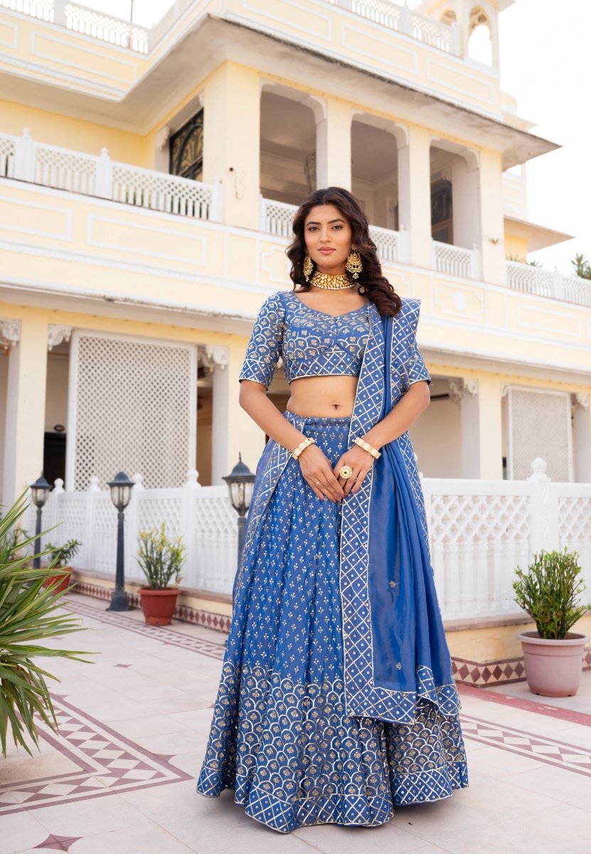 MEHFIL NEEL NOOR TAARI KARIGARI COSMOS LEHENGA SET WITH COSMO HAND WORK DUPATTA - Pomcha Jaipur