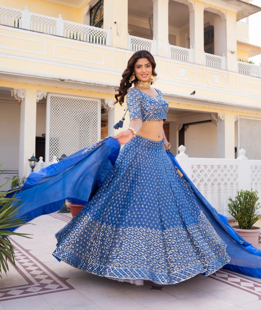MEHFIL NEEL NOOR TAARI KARIGARI COSMOS LEHENGA SET WITH COSMO HAND WORK DUPATTA - Pomcha Jaipur