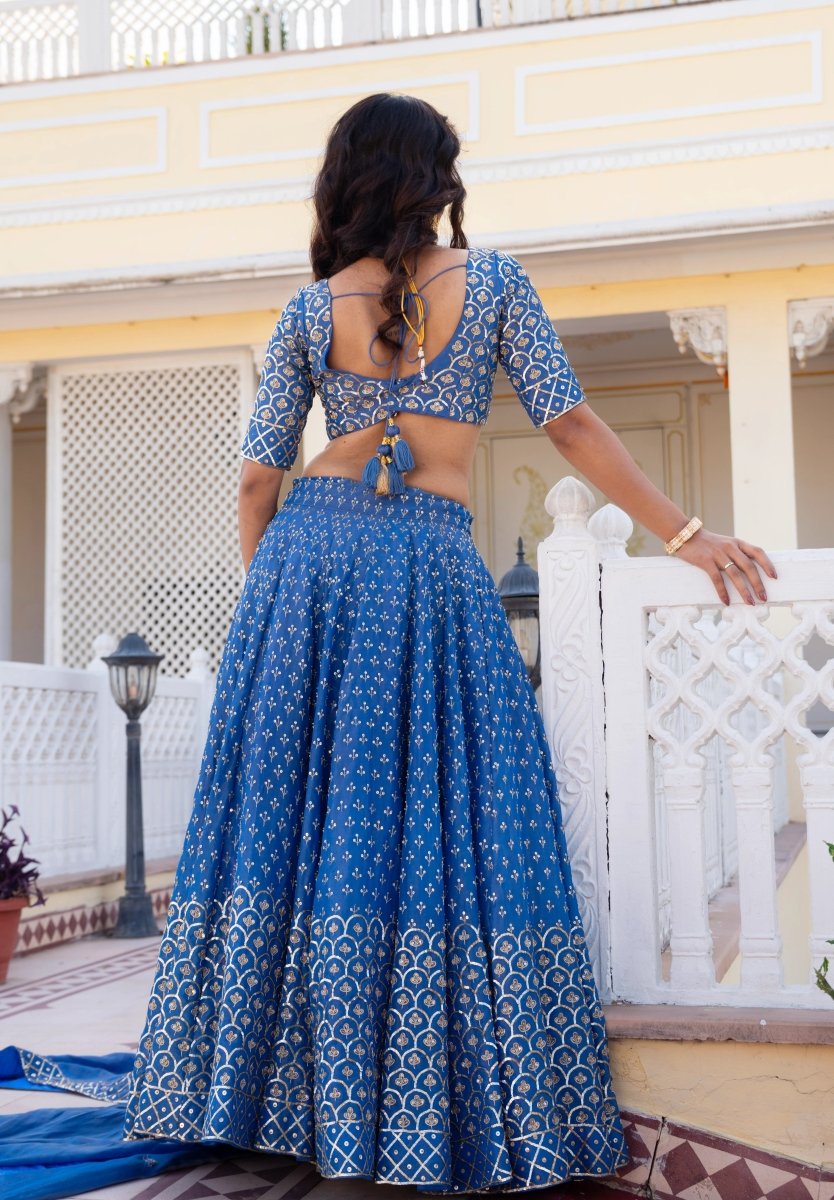 MEHFIL NEEL NOOR TAARI KARIGARI COSMOS LEHENGA SET WITH COSMO HAND WORK DUPATTA - Pomcha Jaipur
