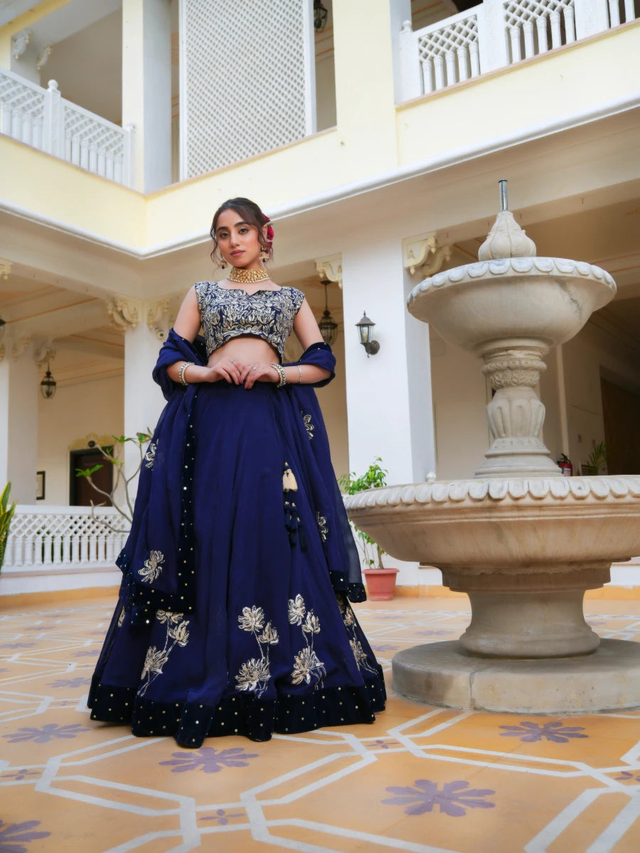 MEHFIL NEELA RUH PITTA HAND WORK ORGANZA LEHENGA SET WITH ORGANZA DUPATTA - Pomcha Jaipur