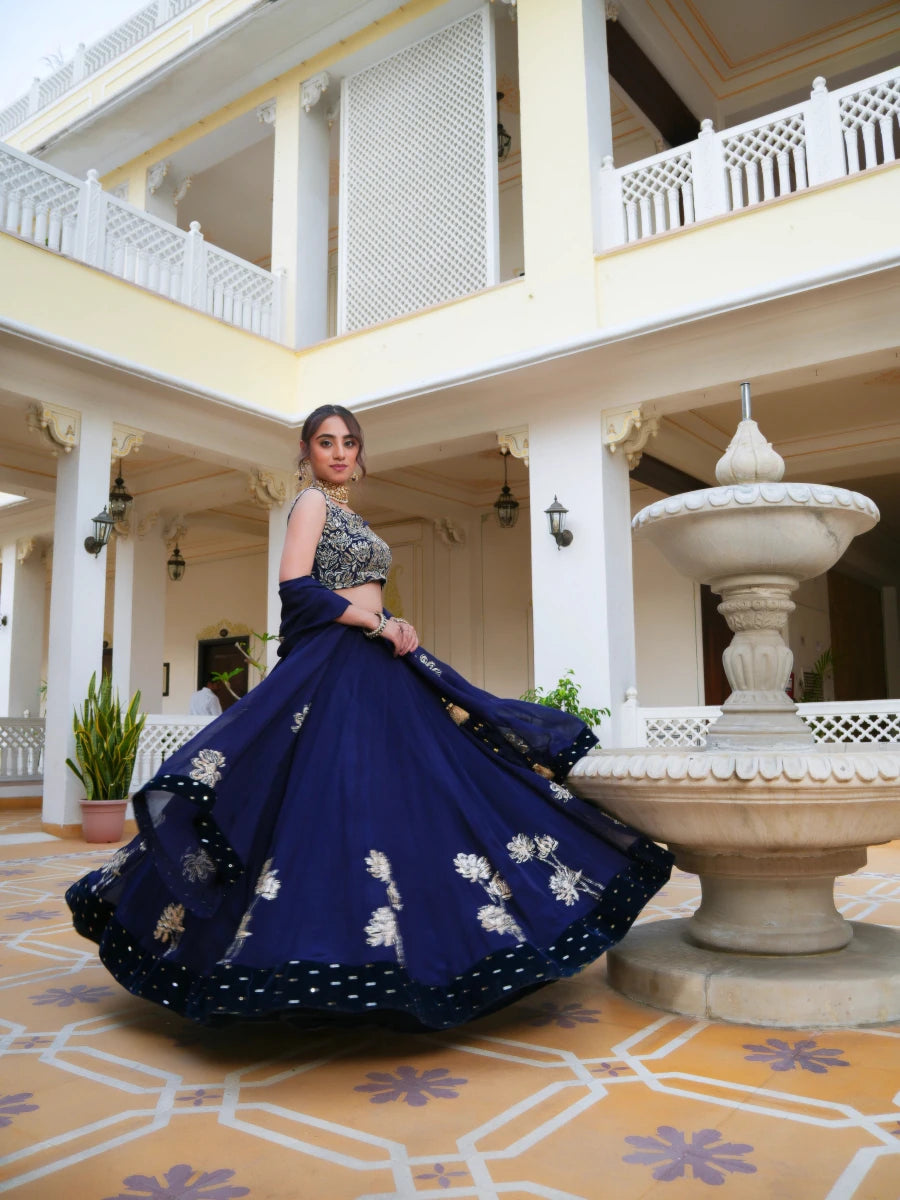 MEHFIL NEELA RUH PITTA HAND WORK ORGANZA LEHENGA SET WITH ORGANZA DUPATTA - Pomcha Jaipur