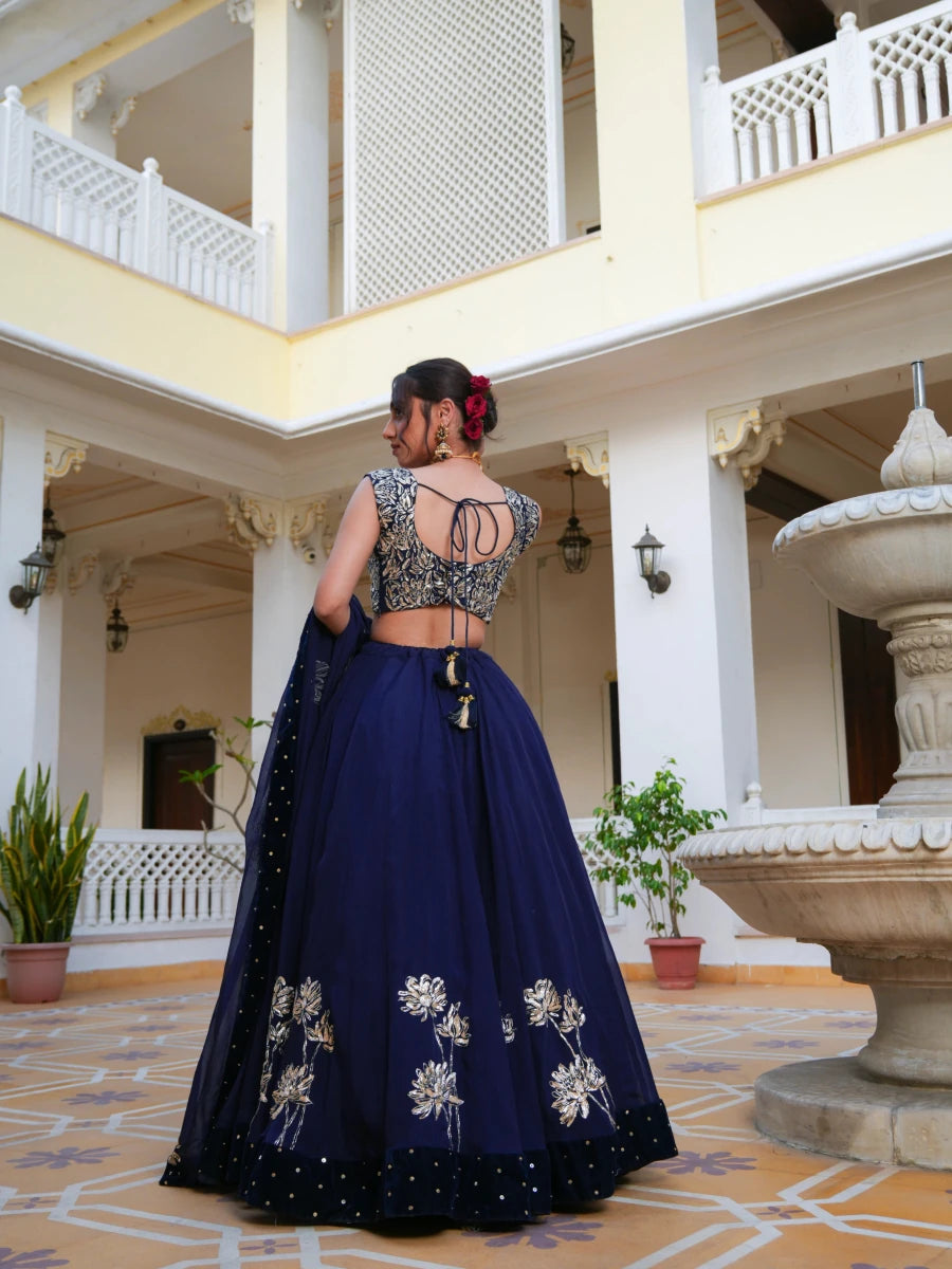 MEHFIL NEELA RUH PITTA HAND WORK ORGANZA LEHENGA SET WITH ORGANZA DUPATTA - Pomcha Jaipur
