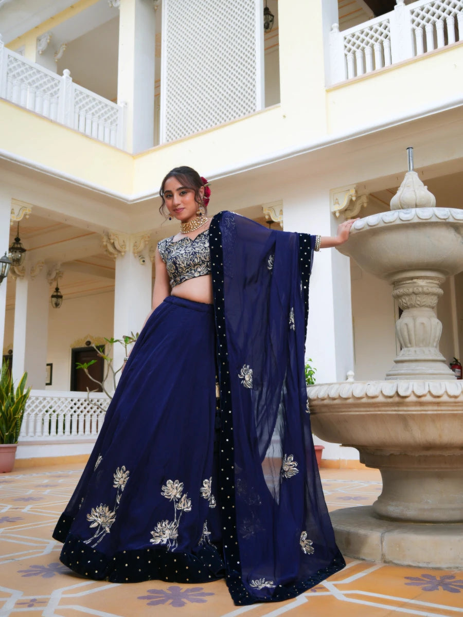 MEHFIL NEELA RUH PITTA HAND WORK ORGANZA LEHENGA SET WITH ORGANZA DUPATTA - Pomcha Jaipur