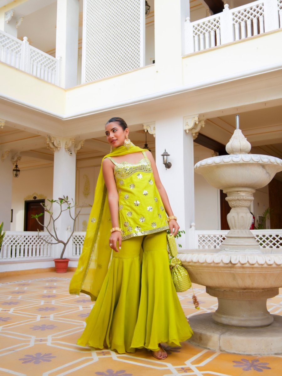 MEHFIL NOOR E TOTA MIRROR WORK SHARARA SET WITH ORGANZA DUPATTA - Pomcha Jaipur