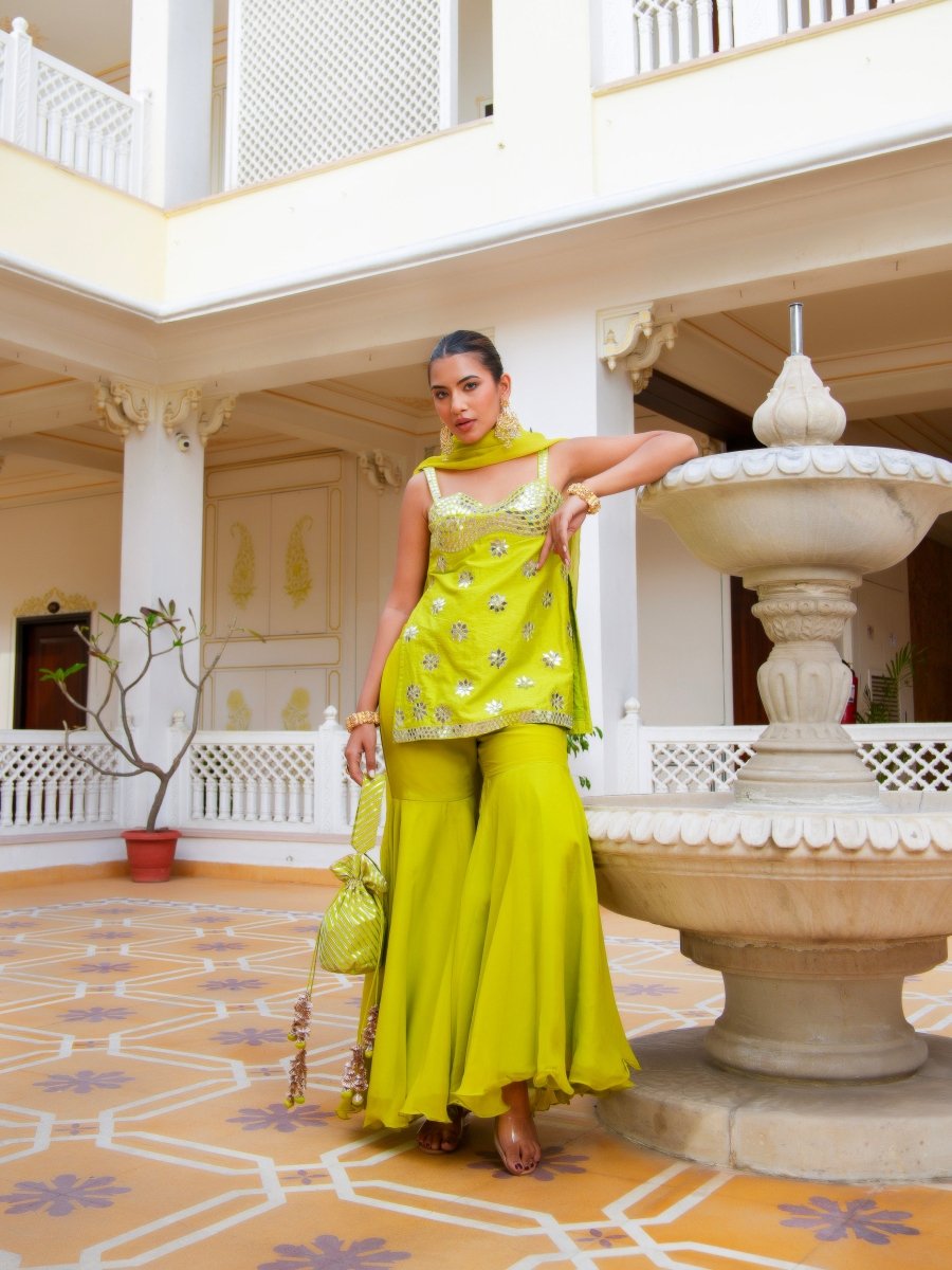 MEHFIL NOOR E TOTA MIRROR WORK SHARARA SET WITH ORGANZA DUPATTA - Pomcha Jaipur
