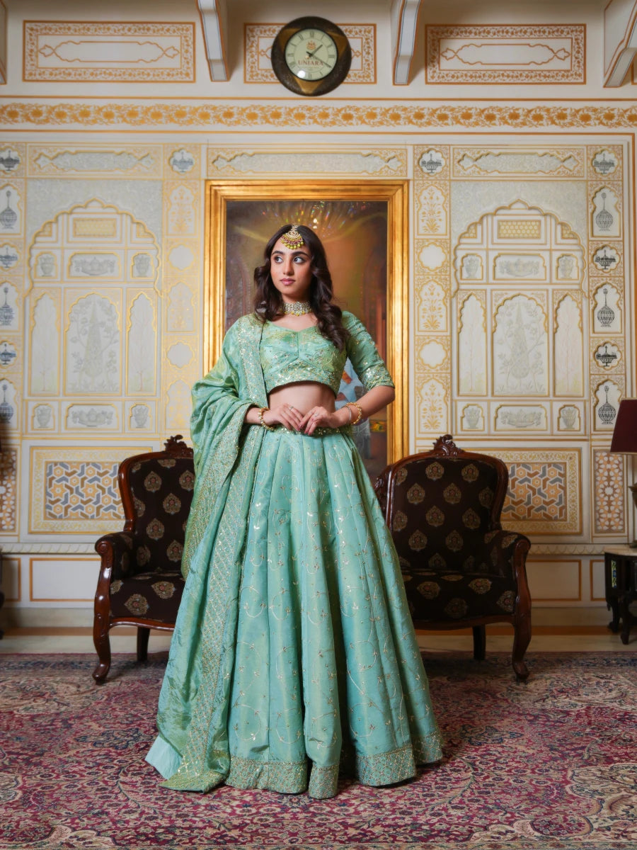 MEHFIL PISTA NOOR COSMO SILK GOTA PATTI HAND EMBROIDERY LEHENGA SET WITH COSMO SILK DUPATTA - Pomcha Jaipur