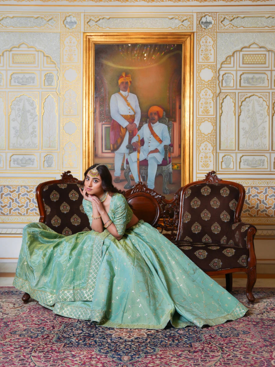 MEHFIL PISTA NOOR COSMO SILK GOTA PATTI HAND EMBROIDERY LEHENGA SET WITH COSMO SILK DUPATTA - Pomcha Jaipur