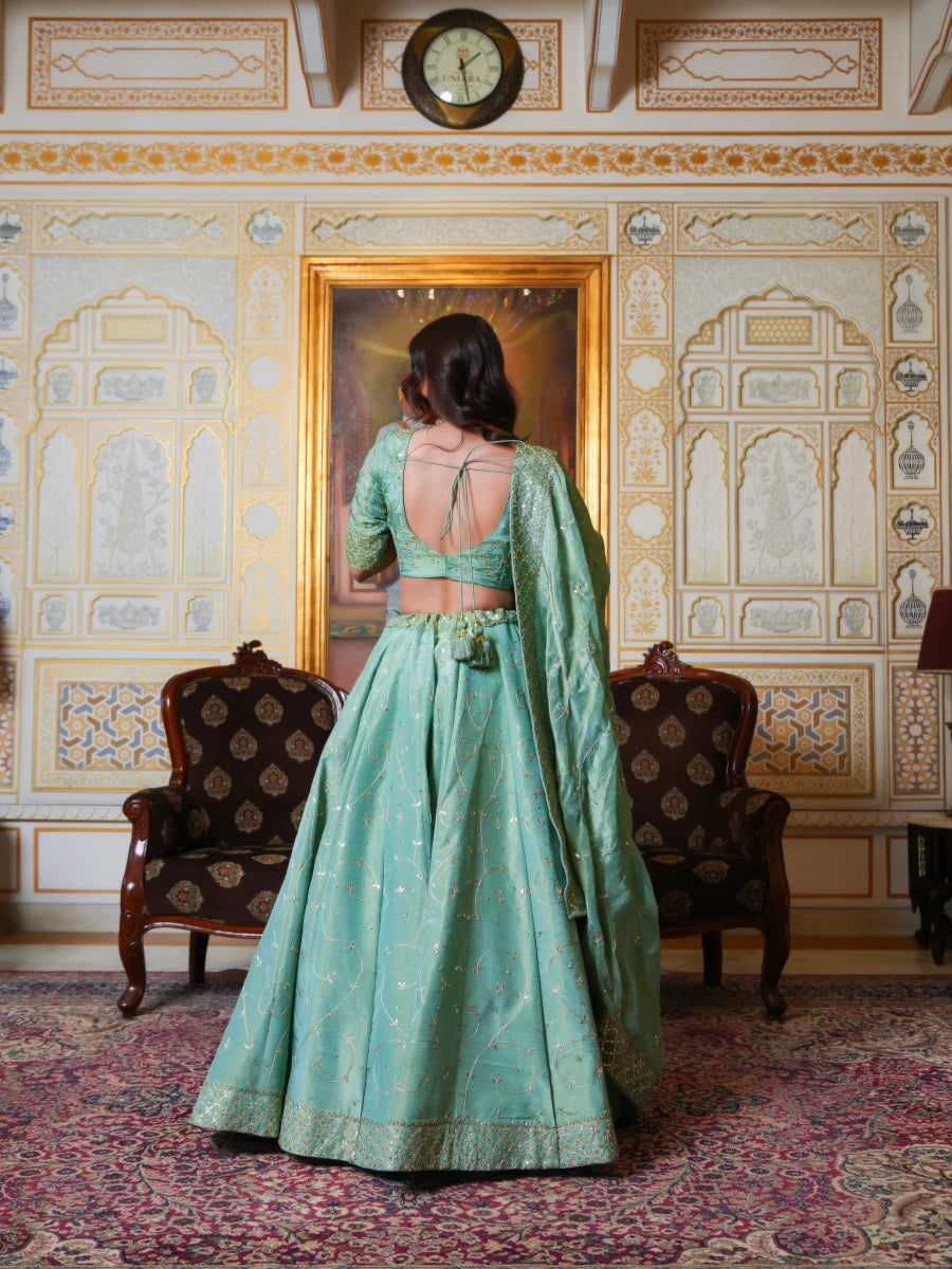 MEHFIL PISTA NOOR COSMO SILK GOTA PATTI HAND EMBROIDERY LEHENGA SET WITH COSMO SILK DUPATTA - Pomcha Jaipur